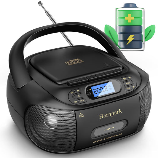 Hernpark - Combo de reproductor de casete de CD, caja de boombox recargable con Bluetooth 5.1, grabación de cinta, radio FM, súper graves, sonido estéreo, unidad auxiliar/USB, conector de auriculares,