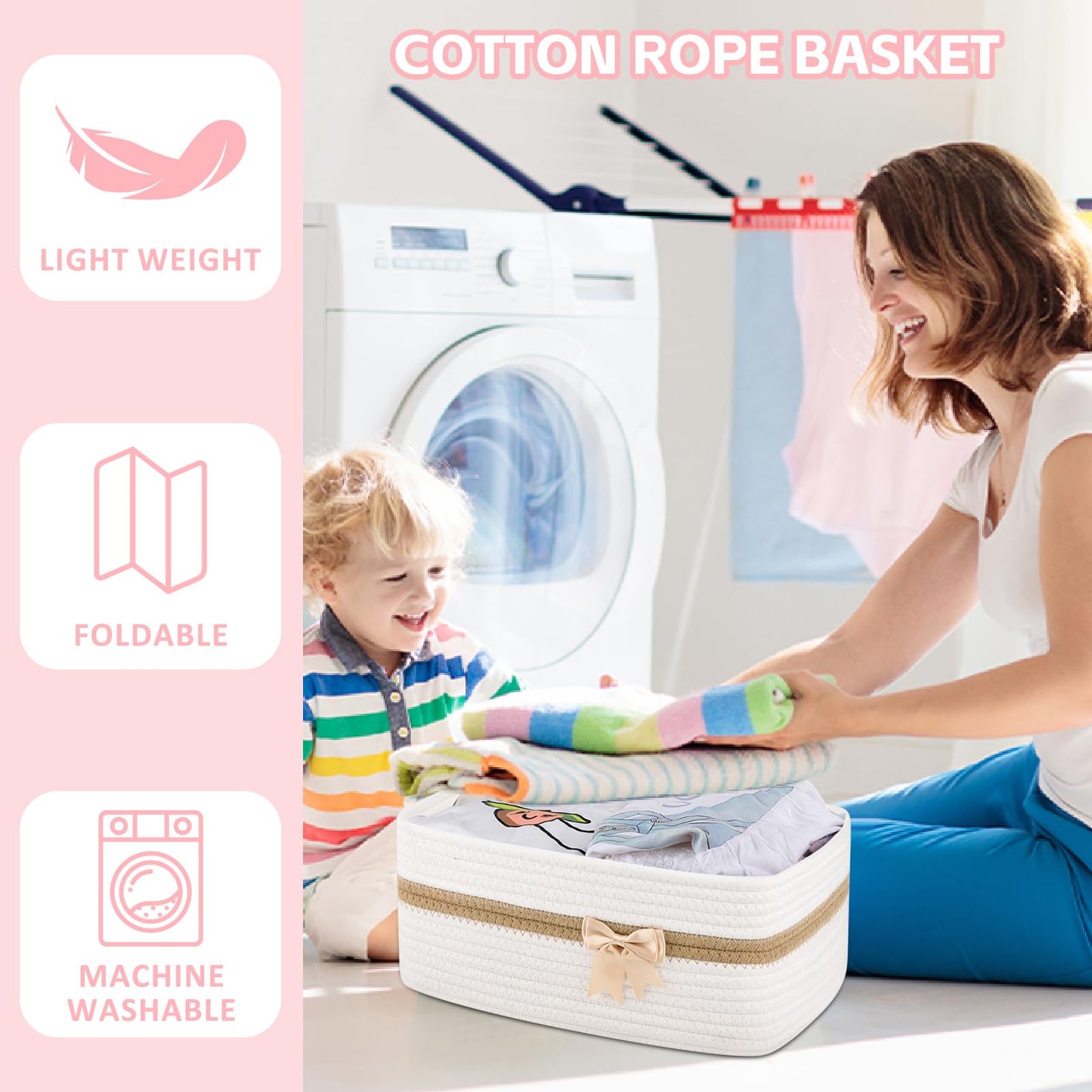 OIAHOMY - Cesta de almacenamiento tejida grande con asas para guardería, estantes de sala de estar, cesta de lazo para regalos vacía con bolsas de regalo y cintas para baby shower, contenedor de