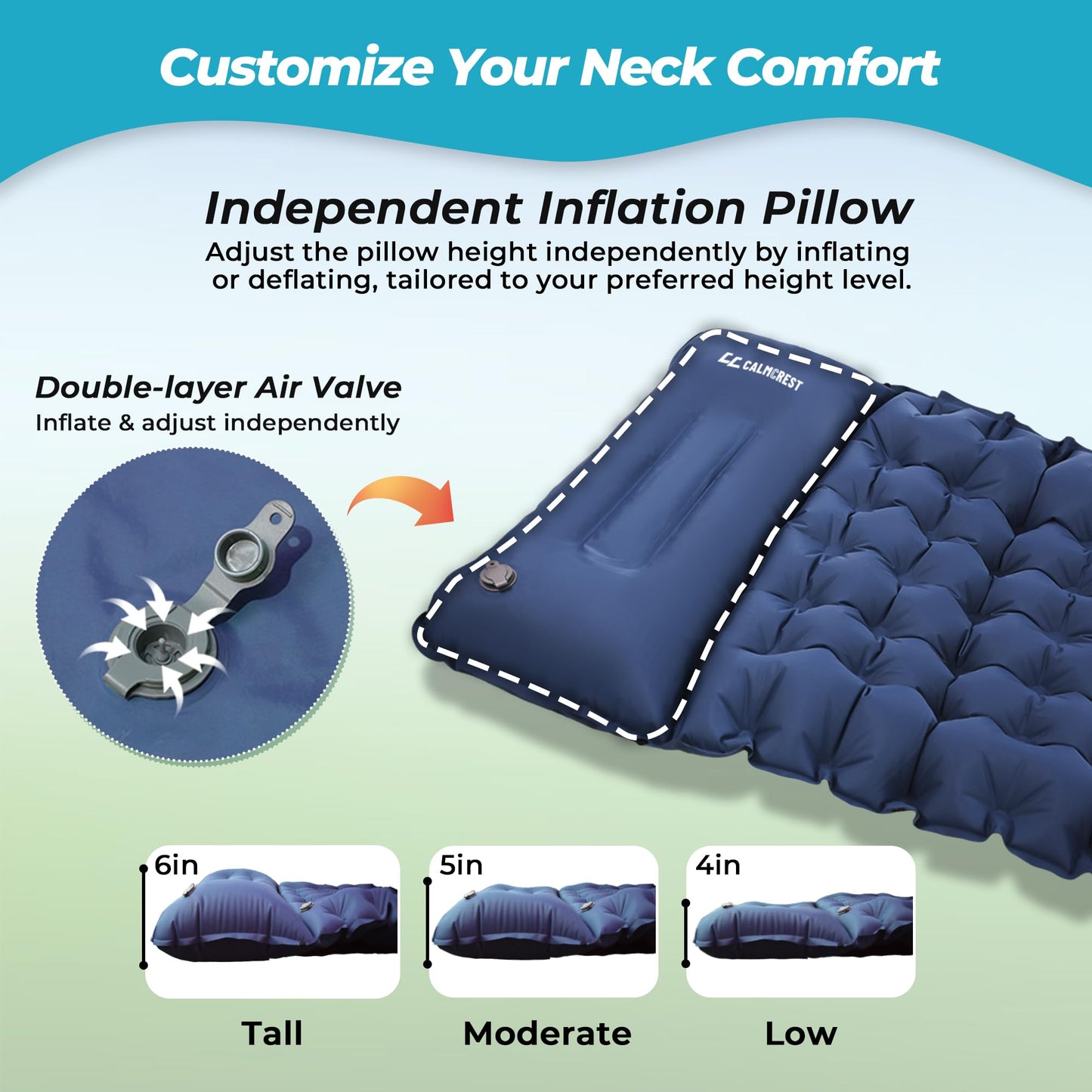 CALMCREST - Almohadilla de dormir para acampar, 4 pulgadas de grosor con aislamiento para invierno, colchón inflable ultraligero con almohada ajustable, alfombrilla de dormir compacta integrada para