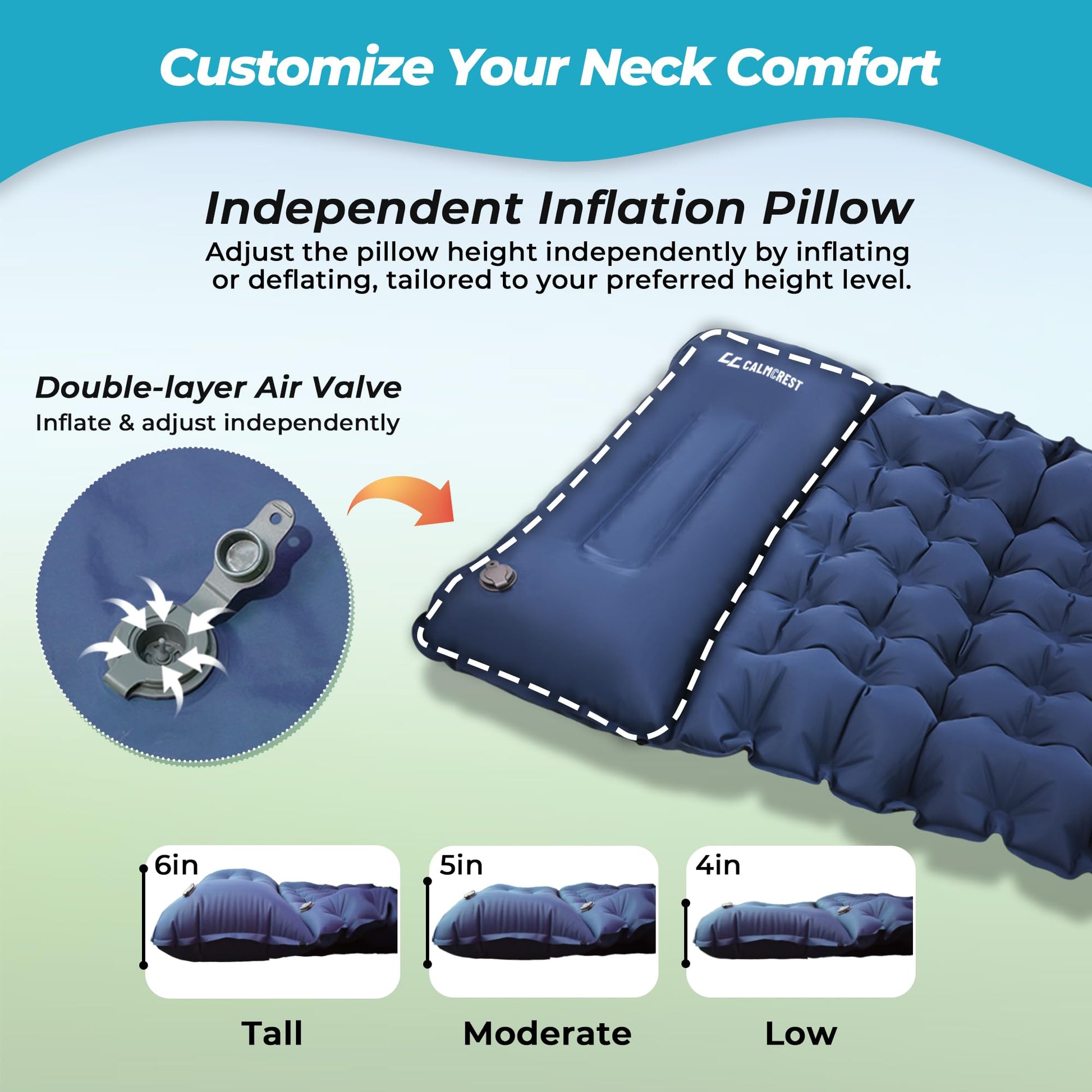 CALMCREST - Almohadilla de dormir para acampar, 4 pulgadas de grosor con aislamiento para invierno, colchón inflable ultraligero con almohada ajustable, alfombrilla de dormir compacta integrada para