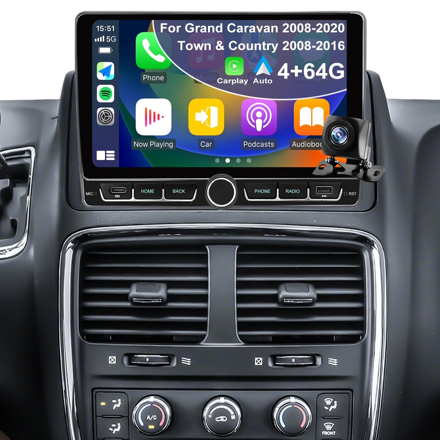 Radio Dodge Grand Caravan 2008-2020, para Chrysler Town & Country Radio 2012-2016, actualización de reemplazo estéreo de visualización táctil de 9 pulgadas, inalámbrico Carplay Android Auto, cámara de