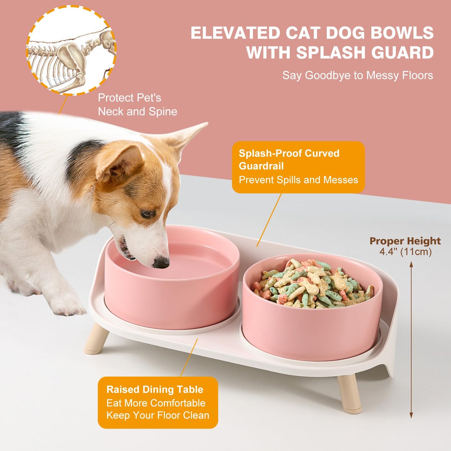 Cuencos Elevados para Perros Pequeños y Medianos - Set Doble Cerámico 850ml x 2 - Soporte Antideslizante con Protector Antisalpicaduras - Moderno, Rosa