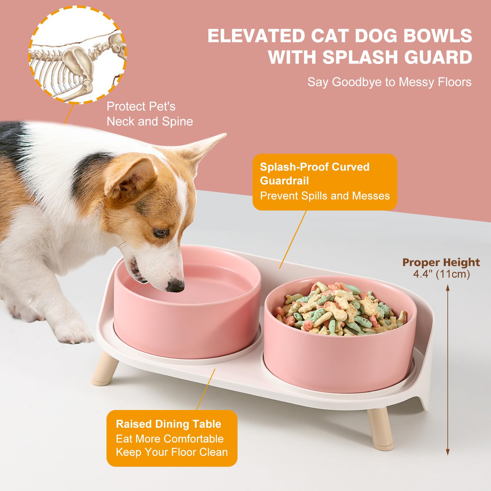 Cuencos Elevados para Perros Pequeños y Medianos - Set Doble Cerámico 850ml x 2 - Soporte Antideslizante con Protector Antisalpicaduras - Moderno, Rosa