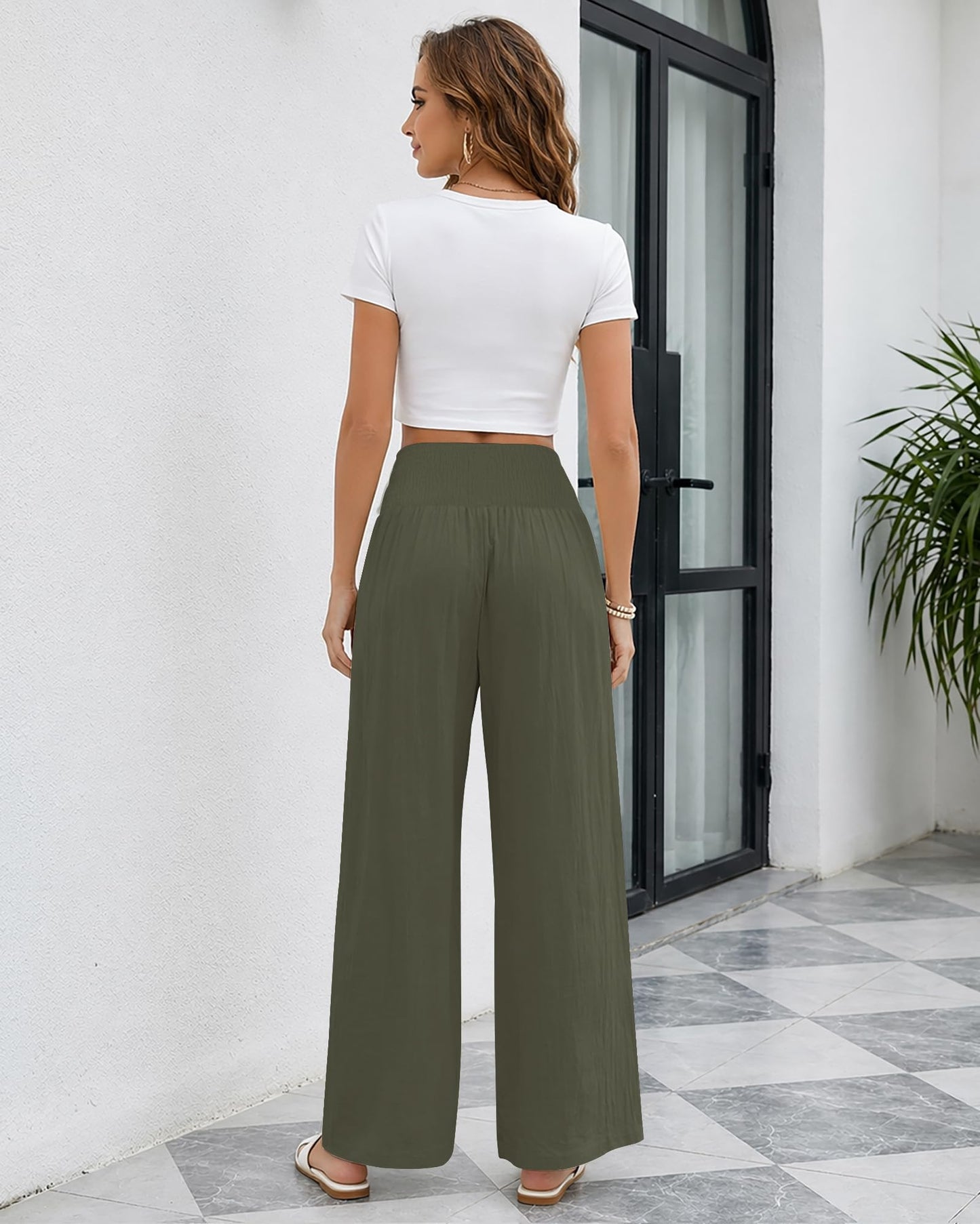 Makepid Pantalones casuales de pierna ancha para mujer, pantalones palazzo de cintura alta, pantalones de verano para estar en casa con bolsillos, color verde militar.