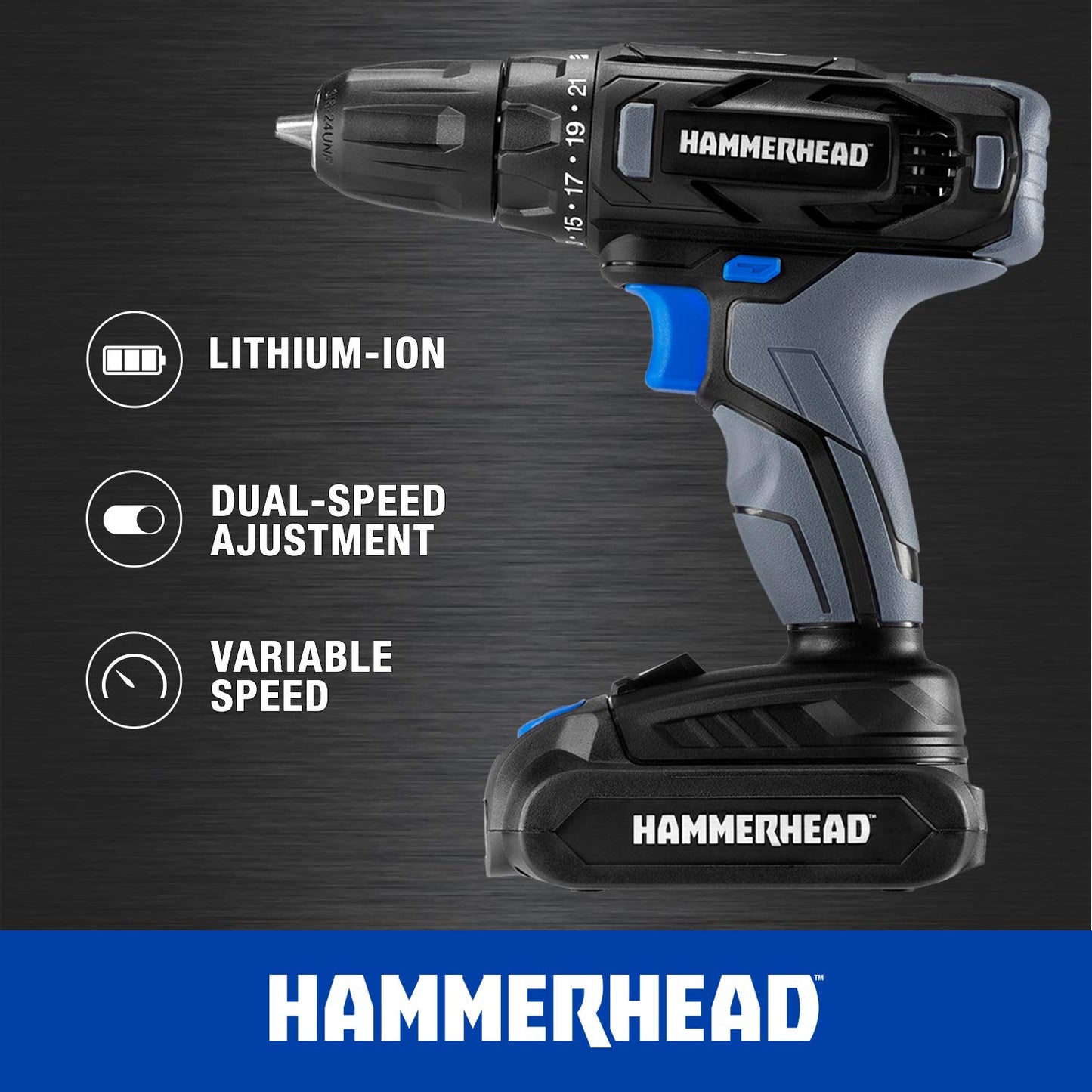 Hammerhead HCDD201 - Kit de taladro inalámbrico (20 V, 2 velocidades)