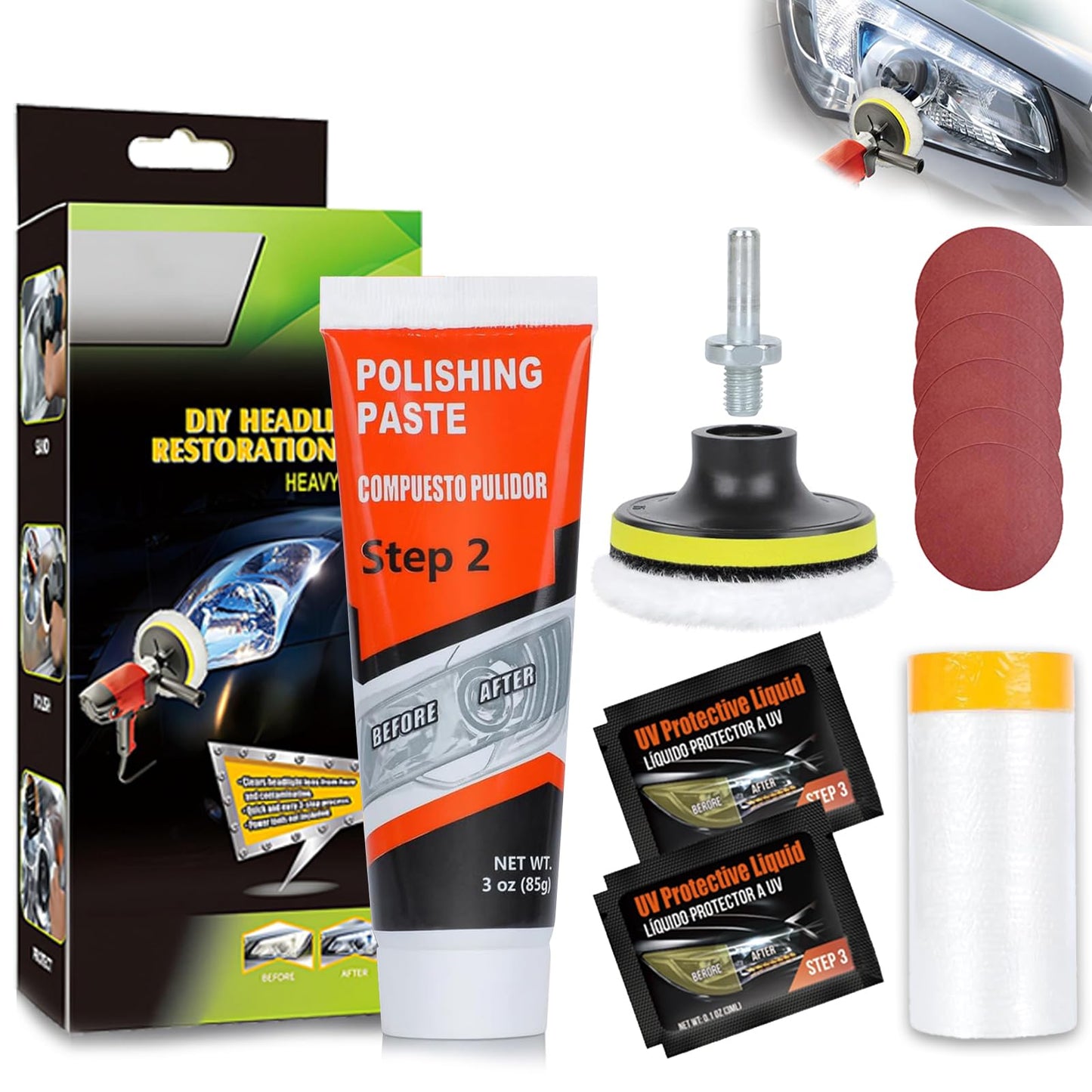 Kit de Restauración de Faros Delanteros y Traseros con Pulidor y Restaurador de 85 g