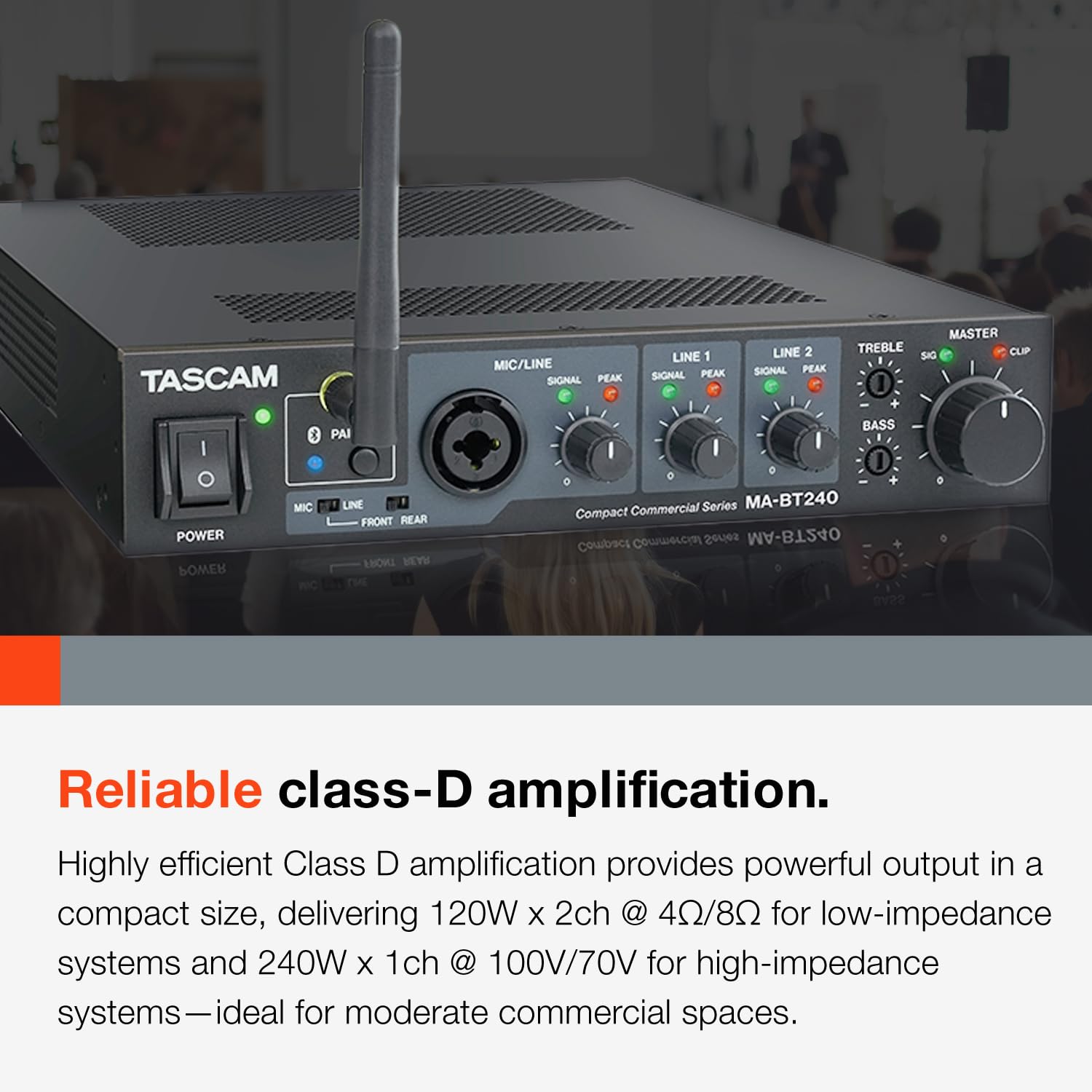Amplificador de Mezcla TASCAM Bluetooth 240 W para Espacios Comerciales e Instituciones