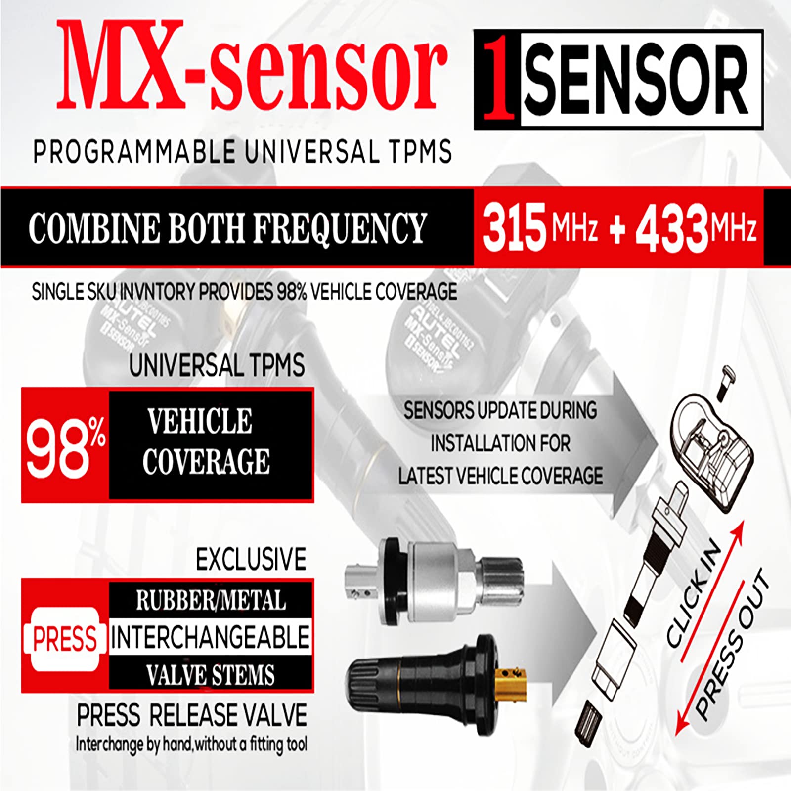 Autel MaxiTPMS MX - Sensor 12 unidades de tallo de goma 315/433MHz TPMS Sensor universal de neumáticos programado por TPMS Tool TS401 TS408 TS508 TS601 TS608 MK808TS MX808TS MS906TS ITS600
