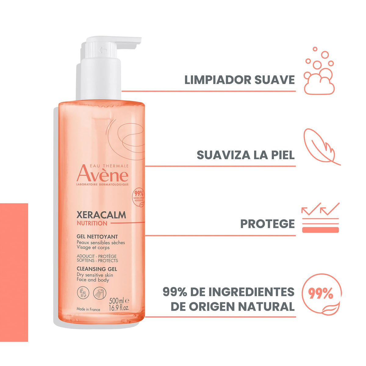 AVENE, Xeracalm Nutrition gel limpiador para rostro y cuerpo, piel seca y sensible, sin jabón ni perfume, 500ml