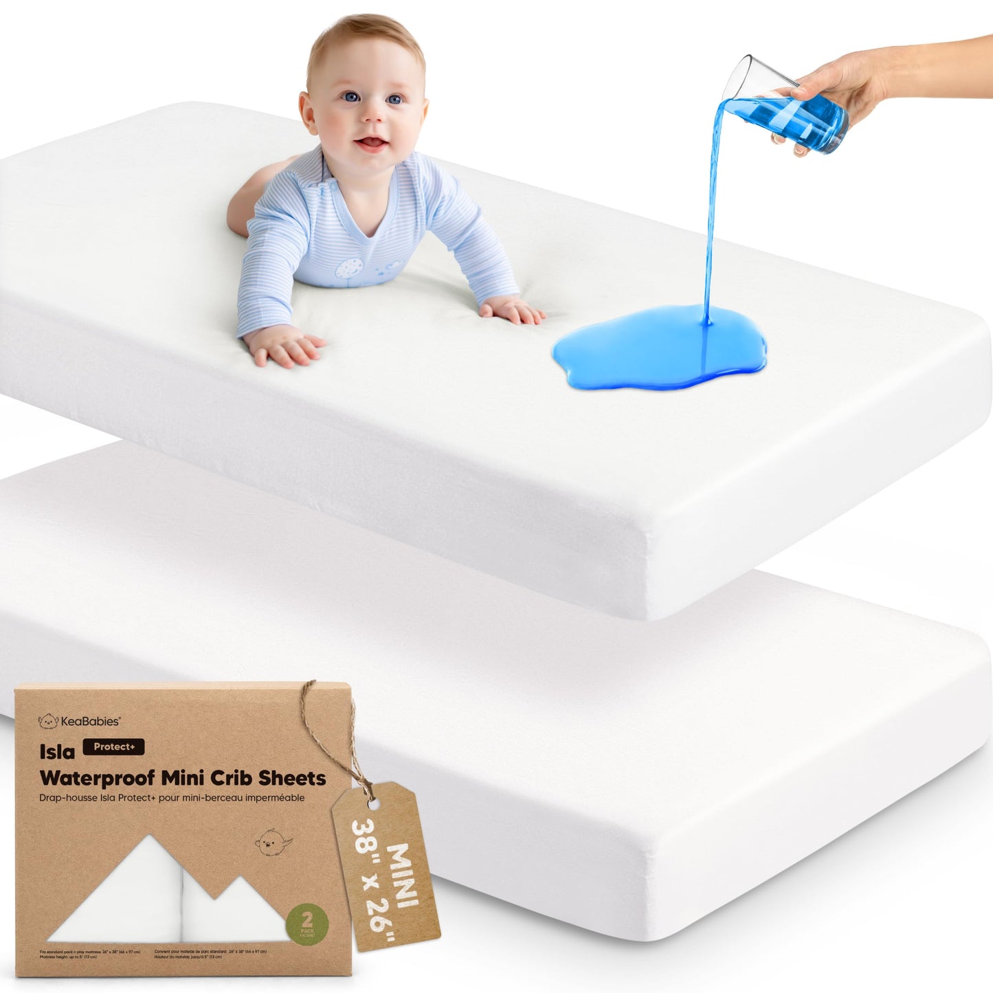 Paquete de 2 sábanas impermeables y de juego, mini sábanas para cuna ajustadas para niños, niñas, viscosa de 38 x 26 pulgadas de bambú Pack N Play para Graco, sábanas de cuna de bebé para niños