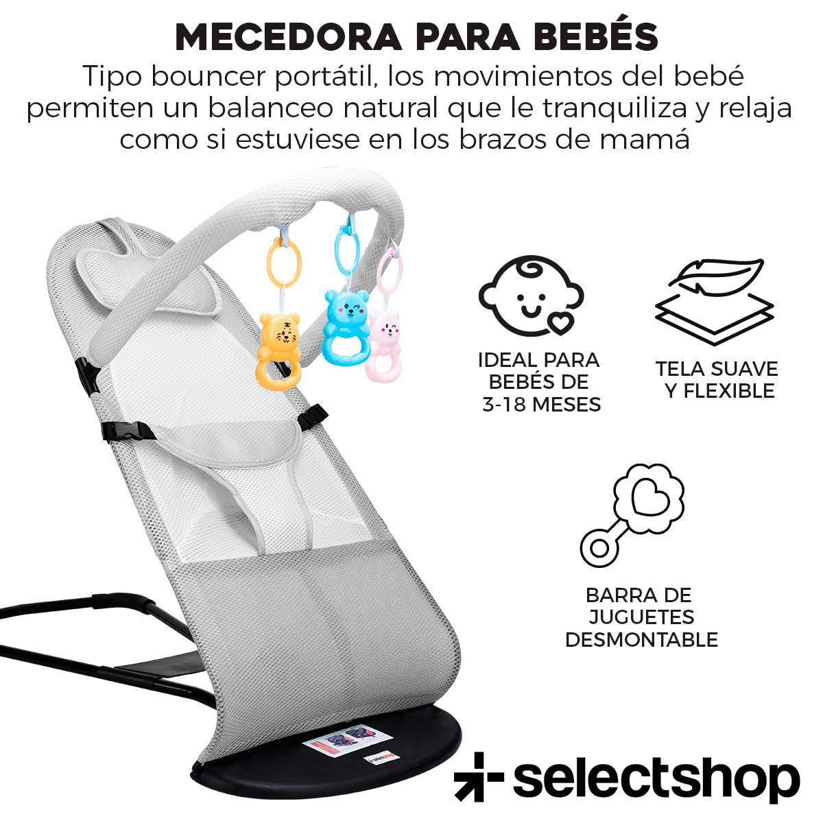Silla Mecedora SELECTSHOP Gris Portátil de Lujo Asiento Transpirable y Cómodo Para Bebé
