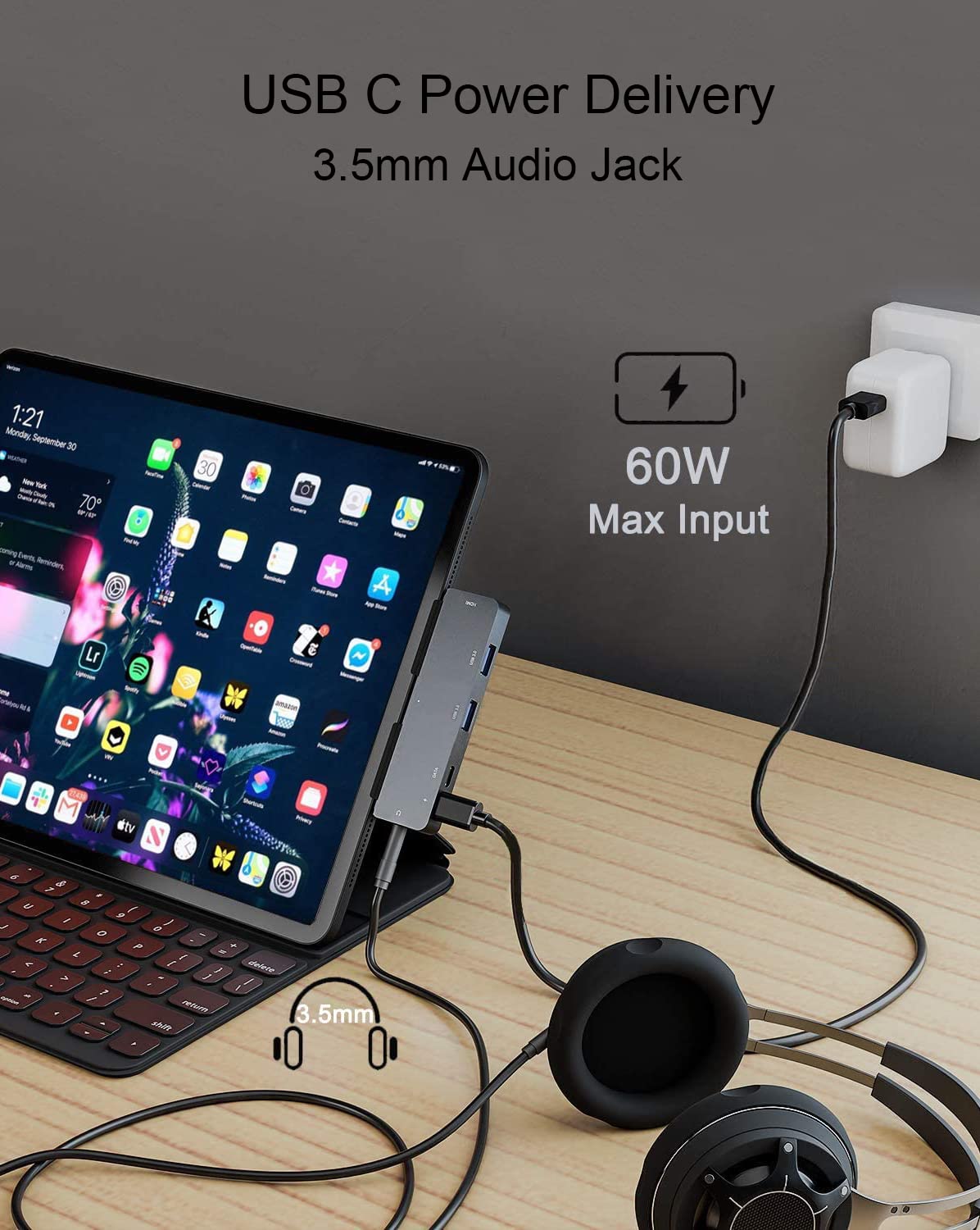 USB C Hub para iPad Pro M2 M1 11/12.9 2022-2018,7-en-1 Hub con 4K@60Hz,USB 3.0,3.5mm Jack,USB Tipo C PD Carga y Transferencia de Datos,Lector Tarjetas SD/TF,Adaptador para iPad Air 4/5,iPad Mini 6