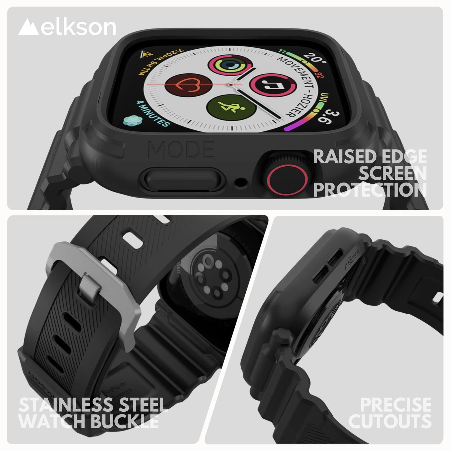 Funda Protectora Grado Militar elkson Negro para Apple Watch Series 9/8/7/6/SE/5/4 45/44 mm