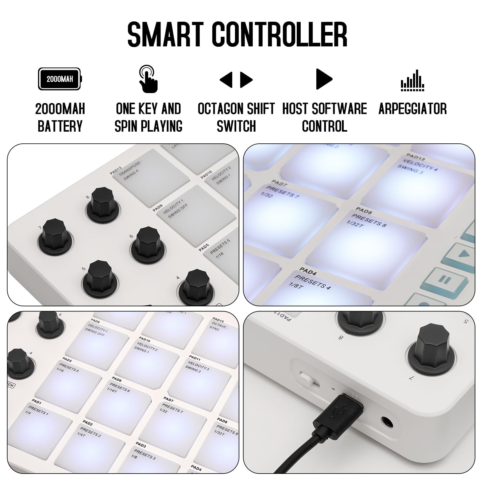 Controlador MIDI Pad Uzelia Negro Creador de Ritmos Portátil con 16 Beat Pads Retroiluminados RGB y 8 Perillas Asignables para Mac, iOS y Android