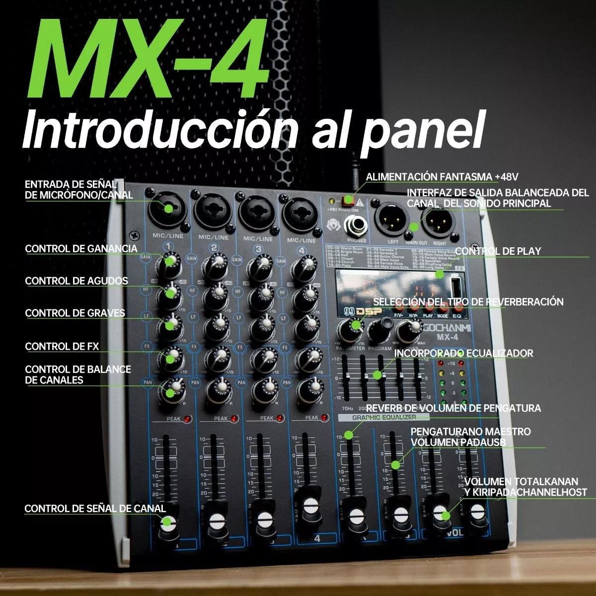 GOCHANMI MX4 Mini Mezclador Profesional Portátil De 4 Canales Con 99 Efectos DSP Interfaz Bluetooth&USB De Alimentación Phantom 48V Consola De Sonido Audio De Estudio Para DJ Grabación Broadcast (MX4)