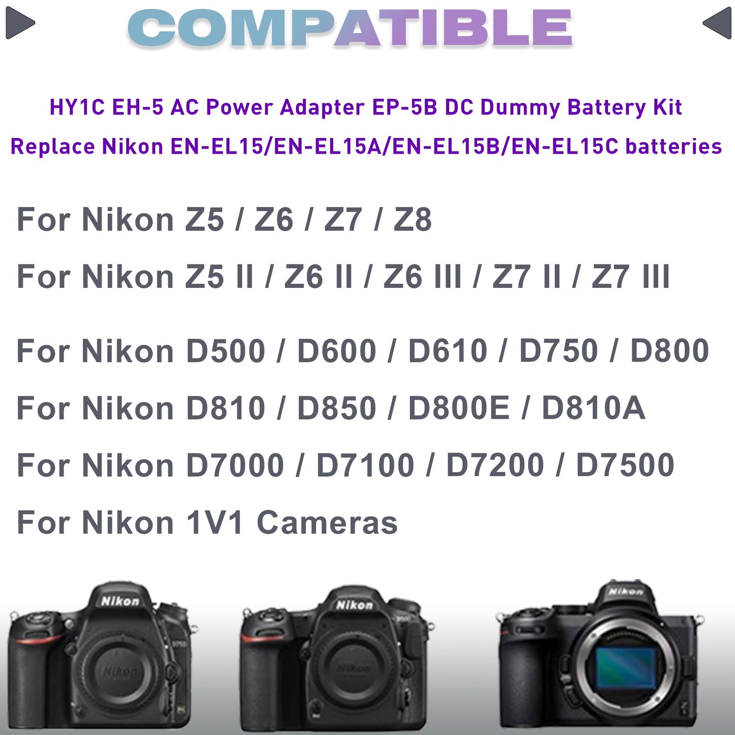 HY1C EP-5B Adaptador de Fuente de Alimentación de CA EN-EL15 Cargador de Batería Simulado para Nikon Z5 Z6 Z7 Z6II Z7II D500 D600 D610 D750 D780 D800 D810 D810A D850 D7000 D7100 D7200 D7500 Cámara