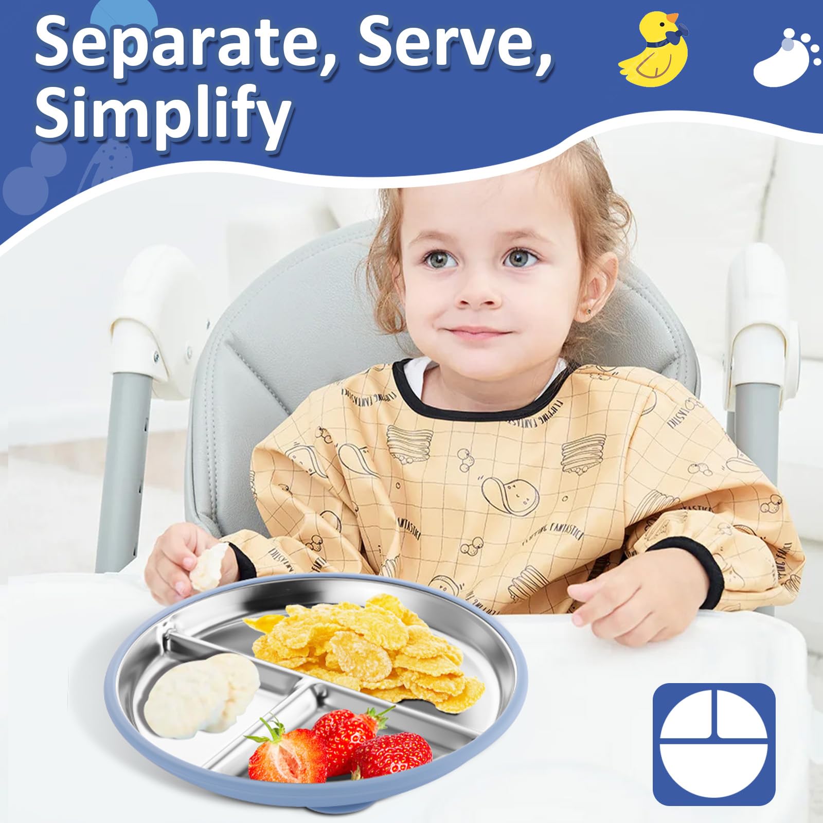 Bakpoco - Placas de succión de acero inoxidable para niños pequeños, platos divididos de 9 pulgadas con succión de silicona extraíble, no tóxicos, antideslizantes, para control de porciones, 4