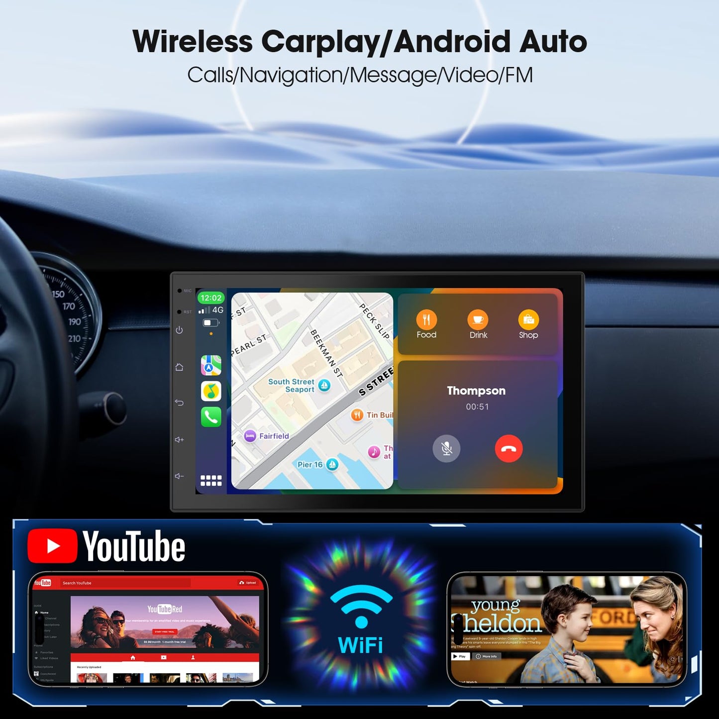 Pantalla táctil 7" para Auto con CarPlay/Android Auto inalámbrico, estéreo Doble DIN y cámara de reversa (2+32GB, cámara no incluida)
