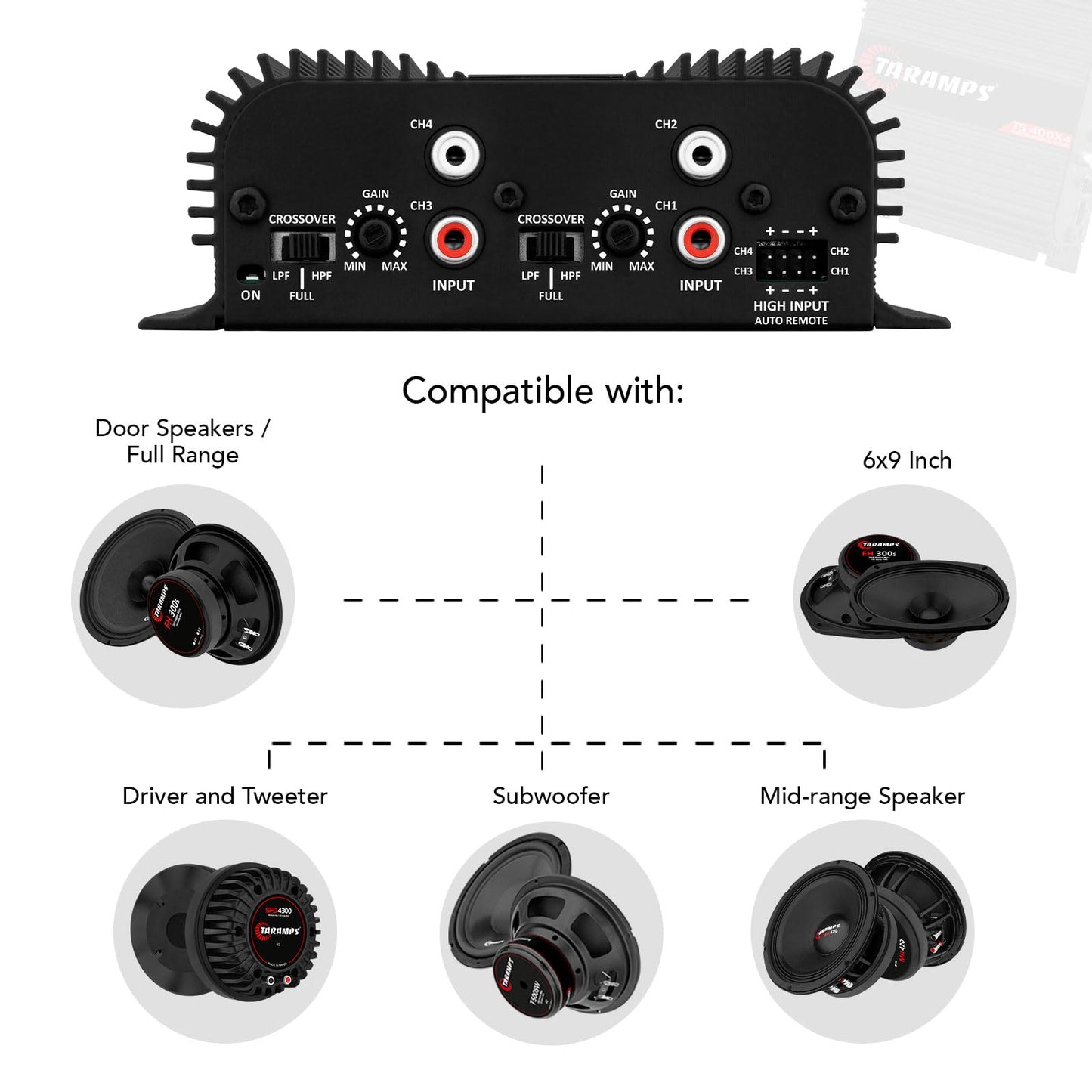 Amplificador de Audio para Coche Taramps TS 400x4 Negro Entrada Automática 400 Vatios RMS Rango Completo Multicanal