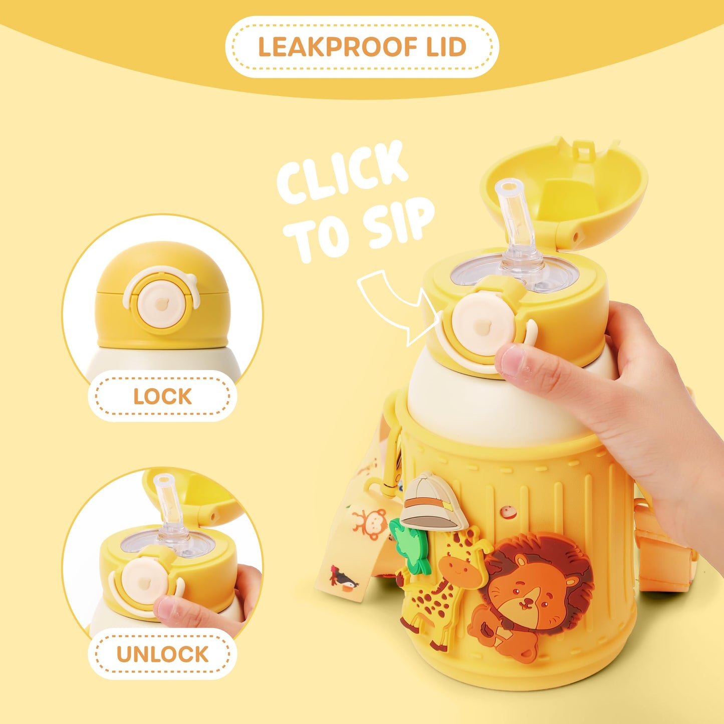 Le Glacier - Juego de vasos aislantes para niños, 16 onzas, botella de agua de acero inoxidable con tapa de popote y tapa para verter, taza a prueba de fugas, funda de silicona, dijes y correa