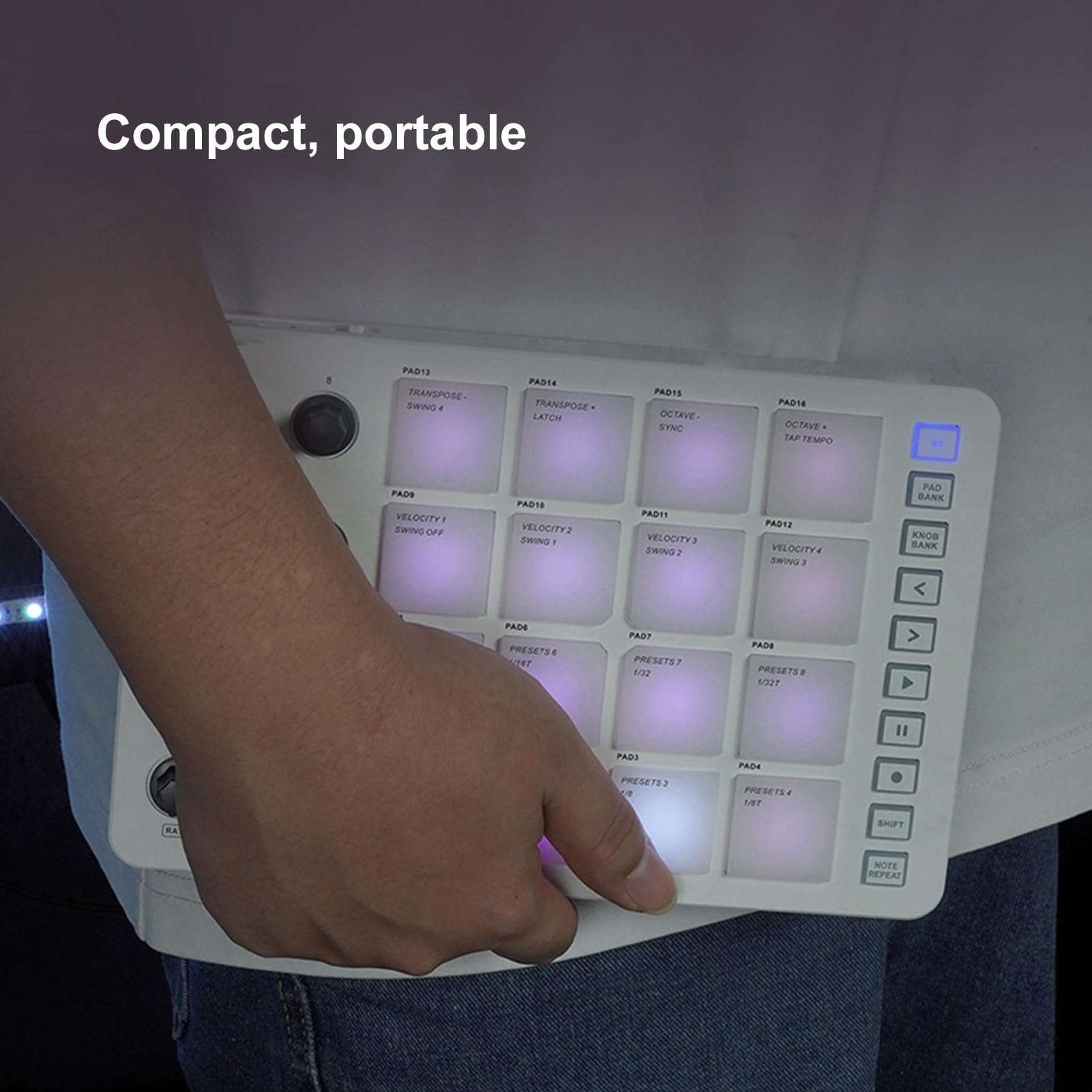 Controlador MIDI Pad Uzelia Negro Creador de Ritmos Portátil con 16 Beat Pads Retroiluminados RGB y 8 Perillas Asignables para Mac, iOS y Android