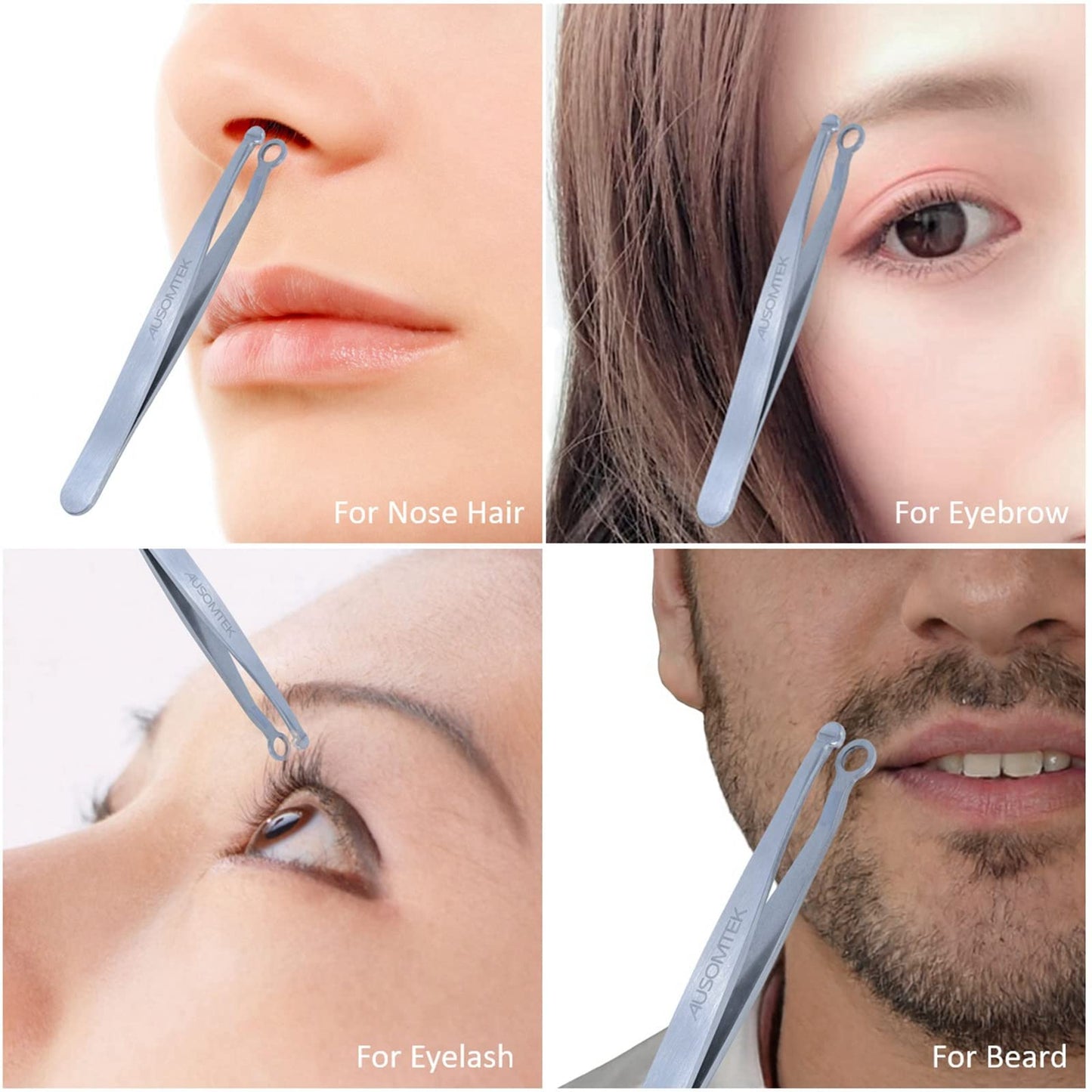 AUSOMTEK Nose Hair & Ear Hair Trimming Tweezers, Eyebrow Grooming Scissors, Eyelash Clipper, Stainless Steel Grooming Scissors, Safe Round-Headed, for Men and Women (Cyan PU Case) (1 pack)