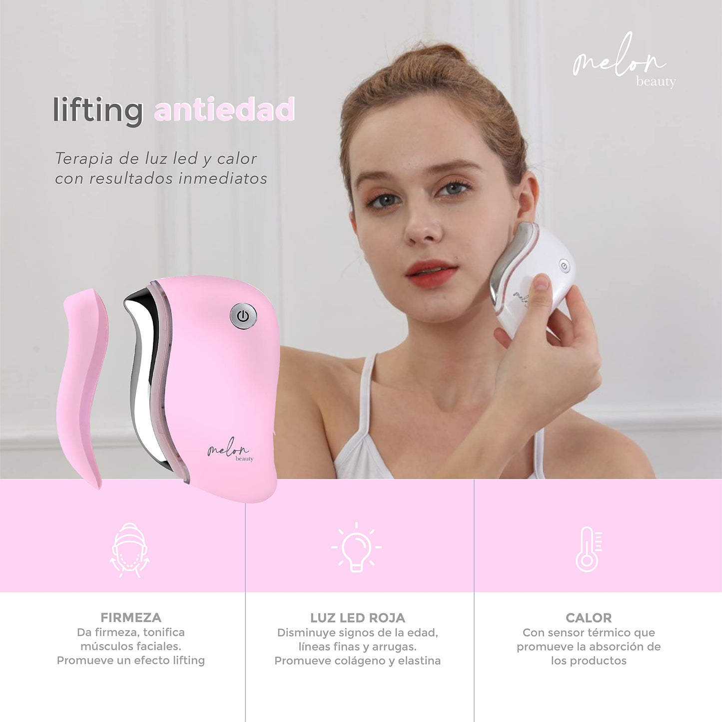 LED Guasha Melon Beauty - Dispositivo antiedad facial con luz led, calor y vibración. Da un efecto lifting, disminuye líneas, arrugas y tonifica tu rostro. Incluye Serum de Bakuichol el nuevo retinol vegano. Color ROSA