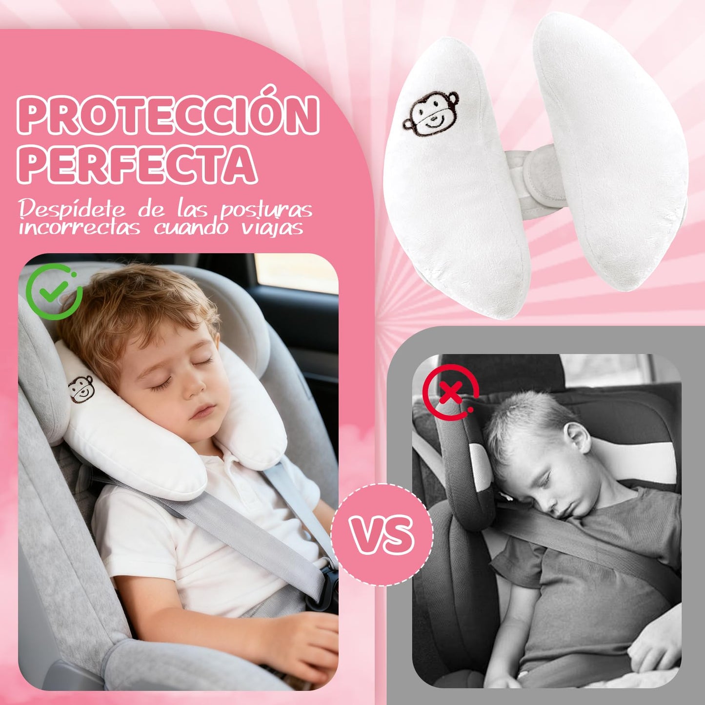 REKOBON Reposacabezas de Viaje Ajustable para Bebés, Paquete de 2, Blanco