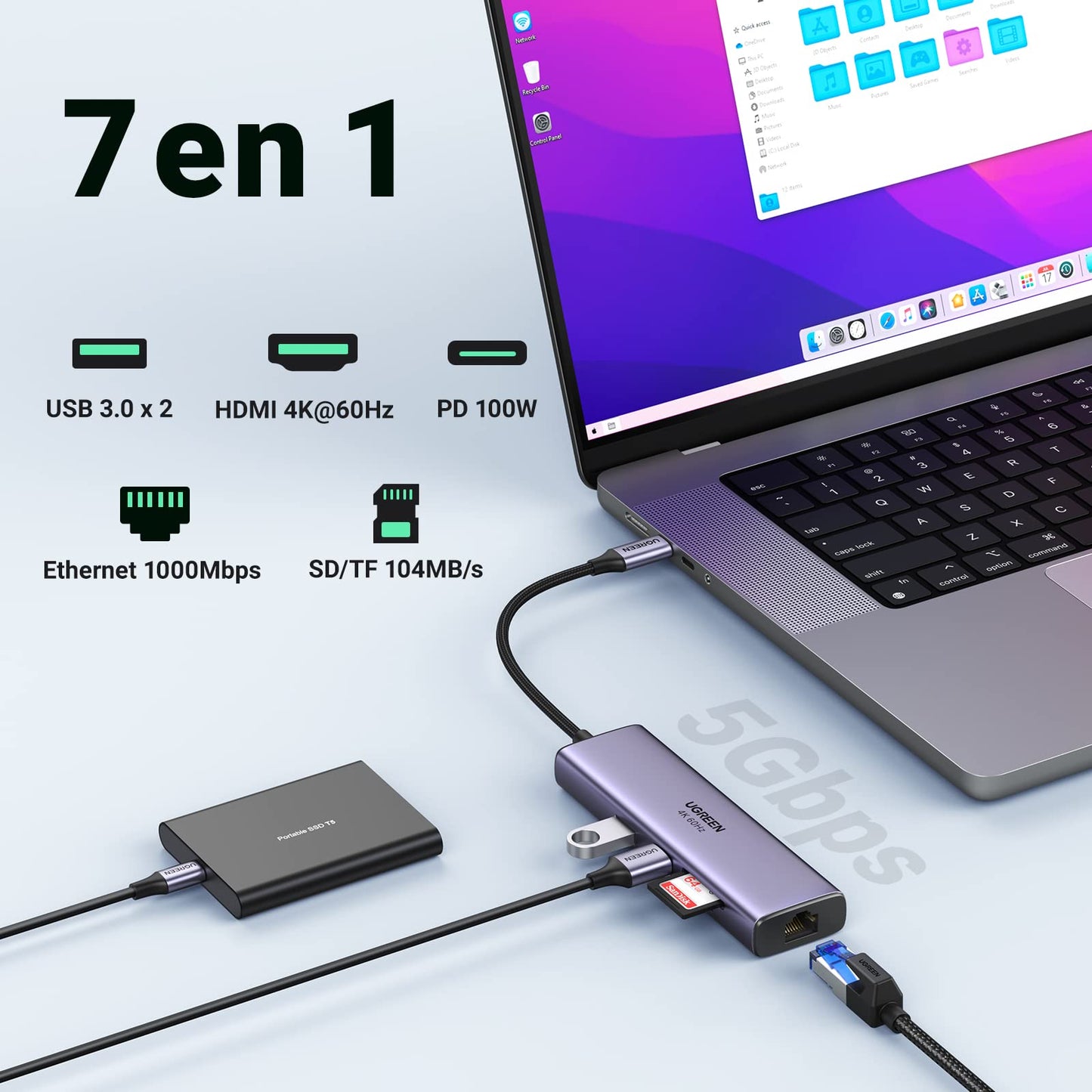 Hub USB C UGREEN Plata 7 en 1 Adaptador a HDMI 4K 60Hz Gigabit Ethernet Carga 100W Lector de Tarjetas SD TF 2 USB 3.0 Compatible con MacBook Pro iPad DELL Switch Steam Deck