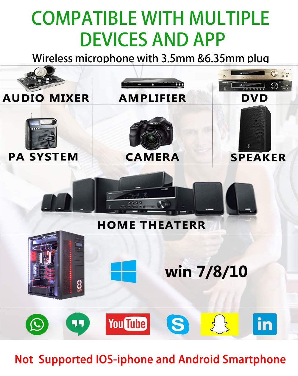 Auriculares Inalámbricos EASJOY UHF Negro Recargables con Micrófono para Canto y Habla