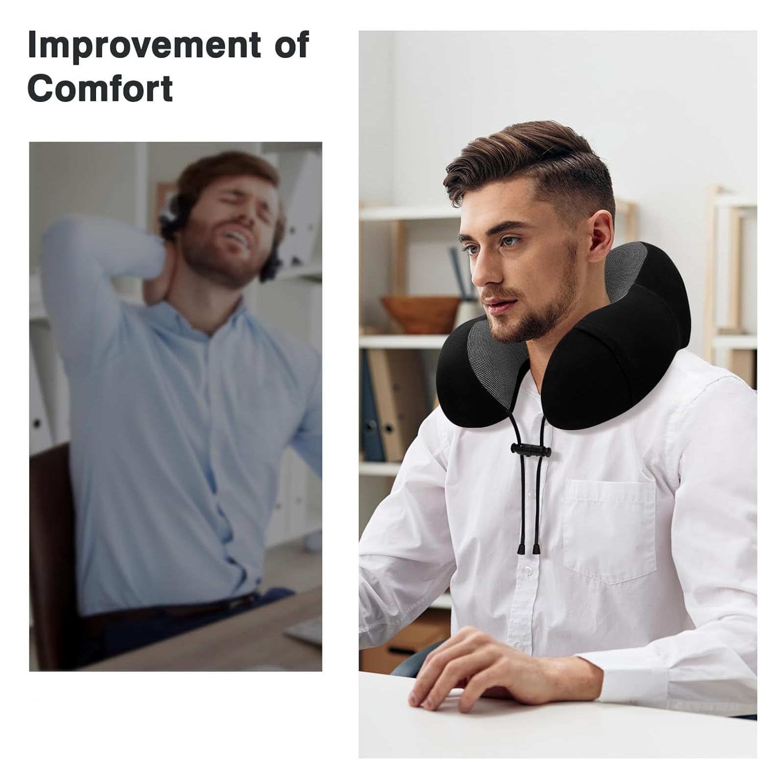 CISSSEE Almohada de Viaje,Almohada de Cuello Viscoelástica de Espuma de Memoria con Máscara de Ojos,Tapones para los oídos y Bolsa con Cordón, Soporte de Cuello para Avión, Oficina y el Hogar (Negro)
