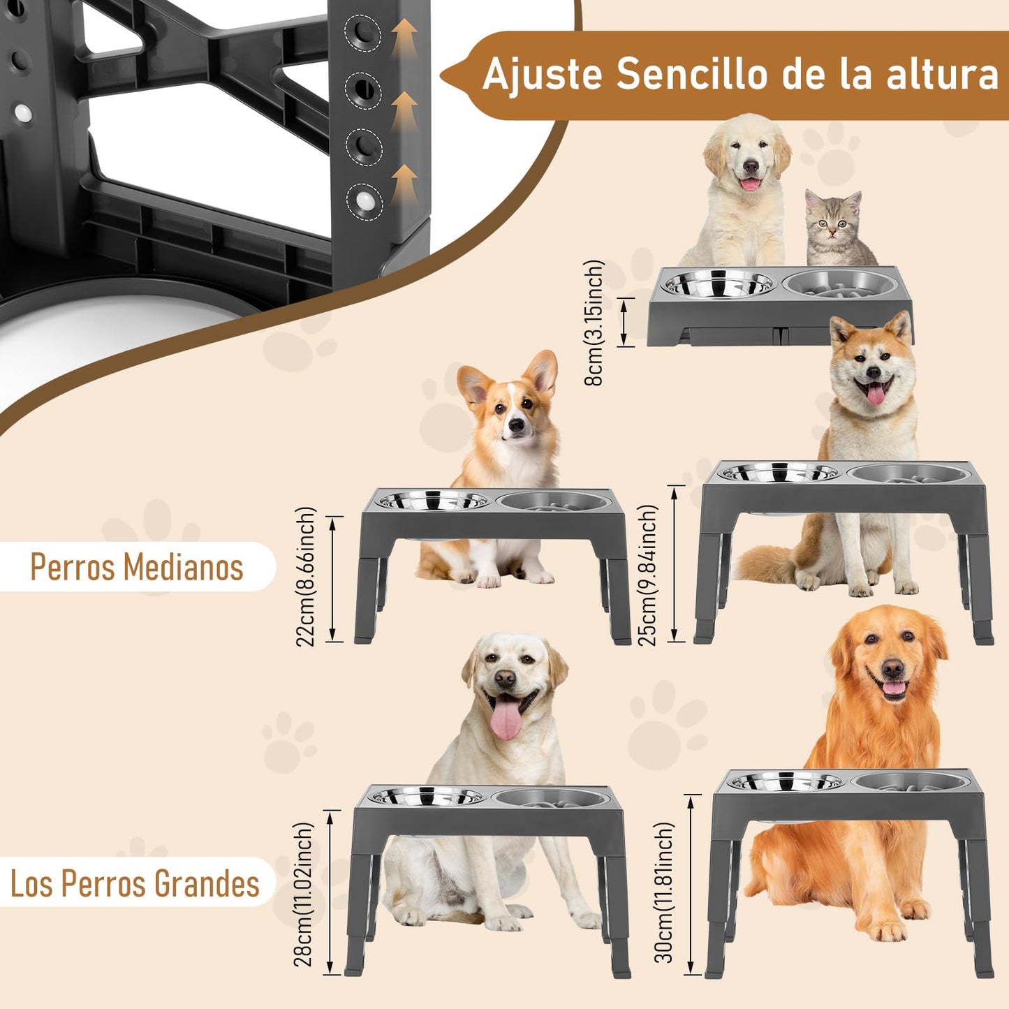 Cuenco Elevado para Perro, Comedero Elevado con 5 Alturas Ajustable para Perro y Gato, Comedores Elevados con Comedero Lento y 2 Cuencos de Acero Inoxidable para Perros Pequeños, Medianos y Grandes
