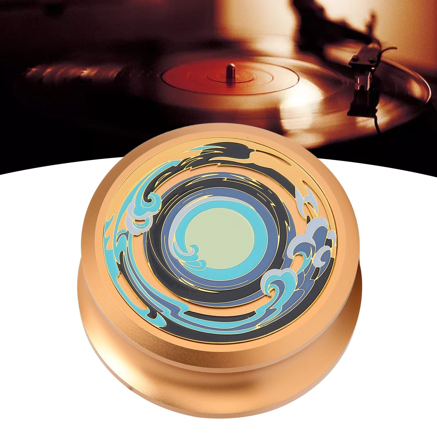 Luqeeg Estabilizador de Disco HiFi LP, Estabilizador de Peso Récord, Abrazadera para Discos de Vinilo Estabilizador de Disco de Tocadiscos con Almohadilla Inferior de Silicona para Tocadiscos LP(Oro)