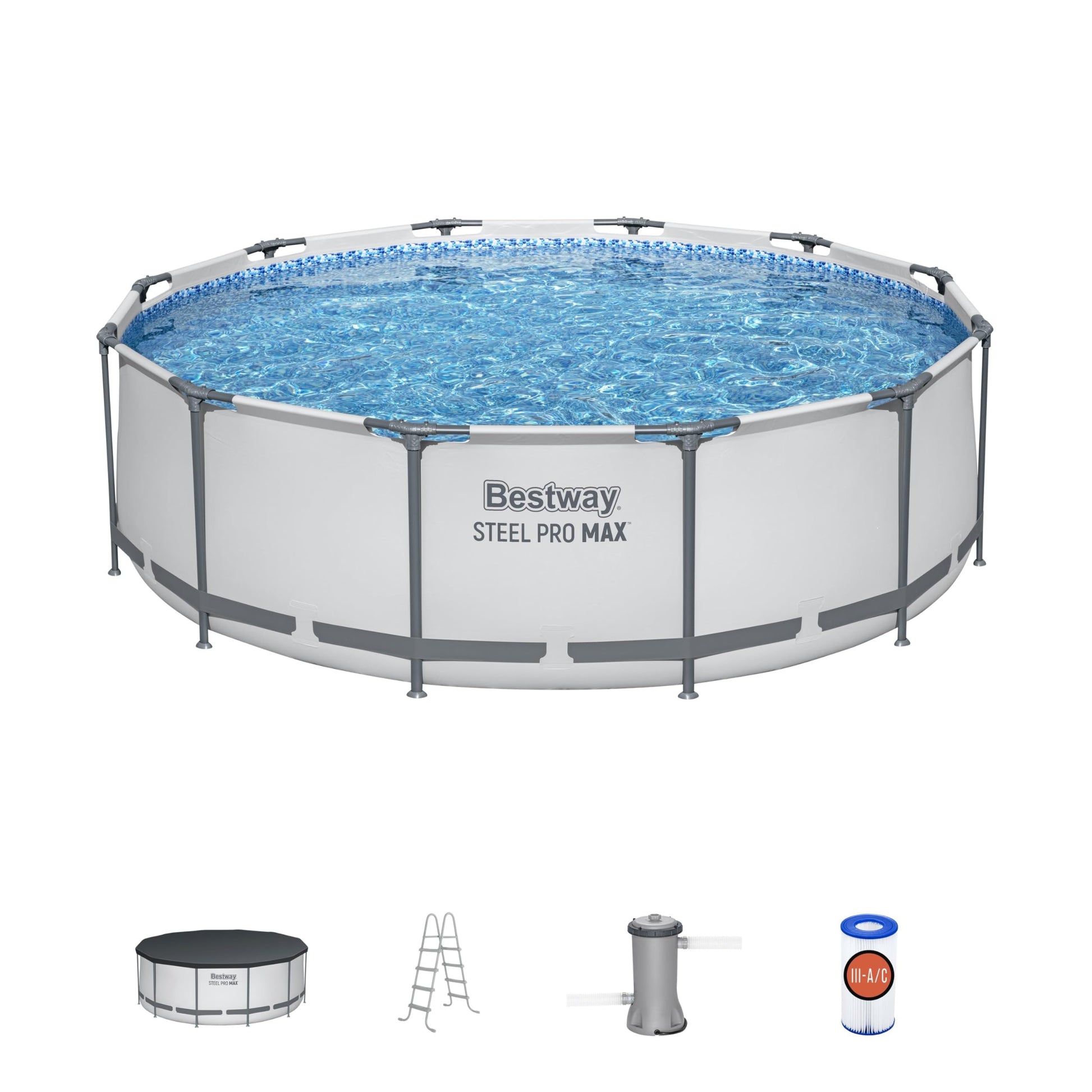 BESTWAY 56421 Alberca con Estructura Redonda 3.66x1.22cm con Bomba y Filtro Gris, Gris