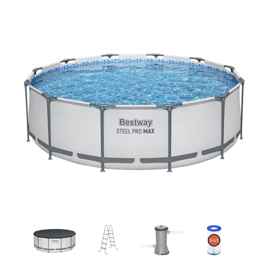 BESTWAY 56421 Alberca con Estructura Redonda 3.66x1.22cm con Bomba y Filtro Gris, Gris