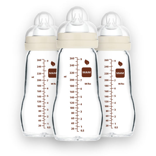 MAM Feel Good - Biberones de vidrio de alta calidad, fácil de cambiar entre pecho y biberón, 9 onzas, 0+ meses, unisex, paquete de 3