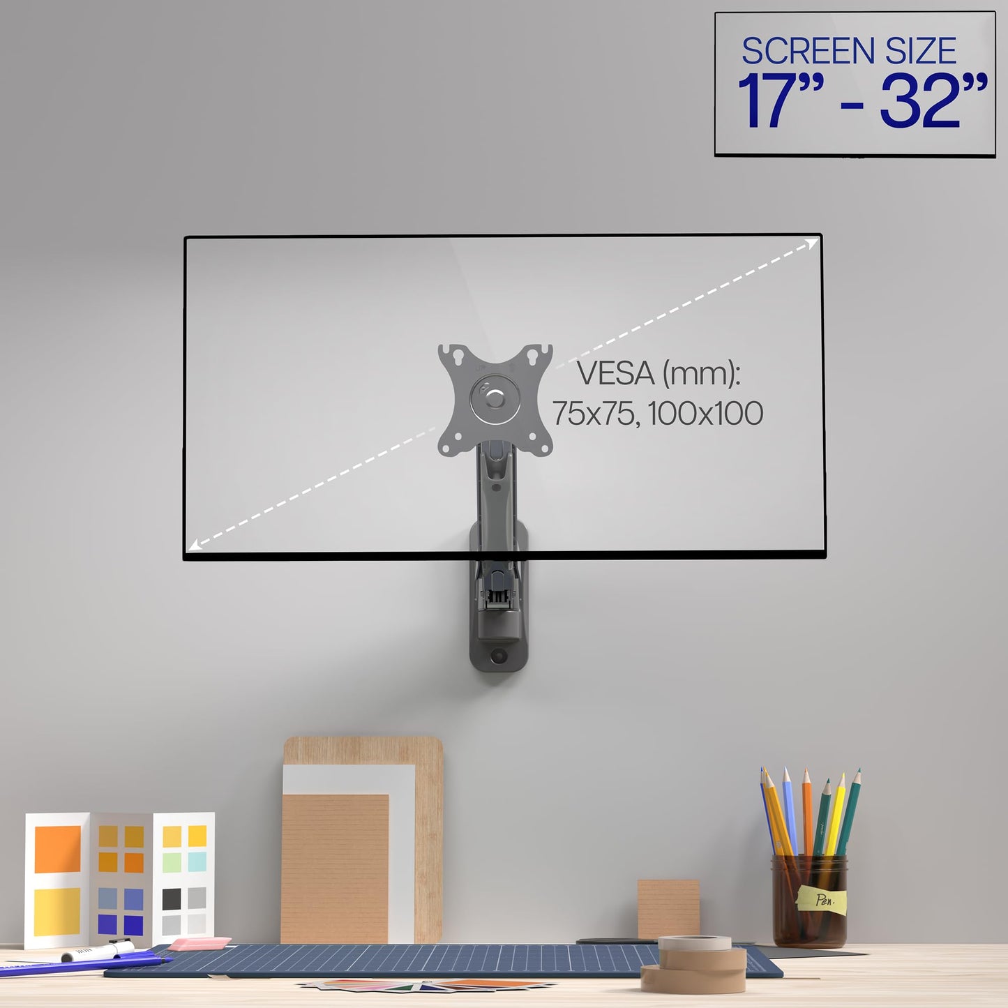 Soporte de Pared VIVO Negro con Brazo Neumático Ajustable para Monitores de 17 a 32 Pulgadas