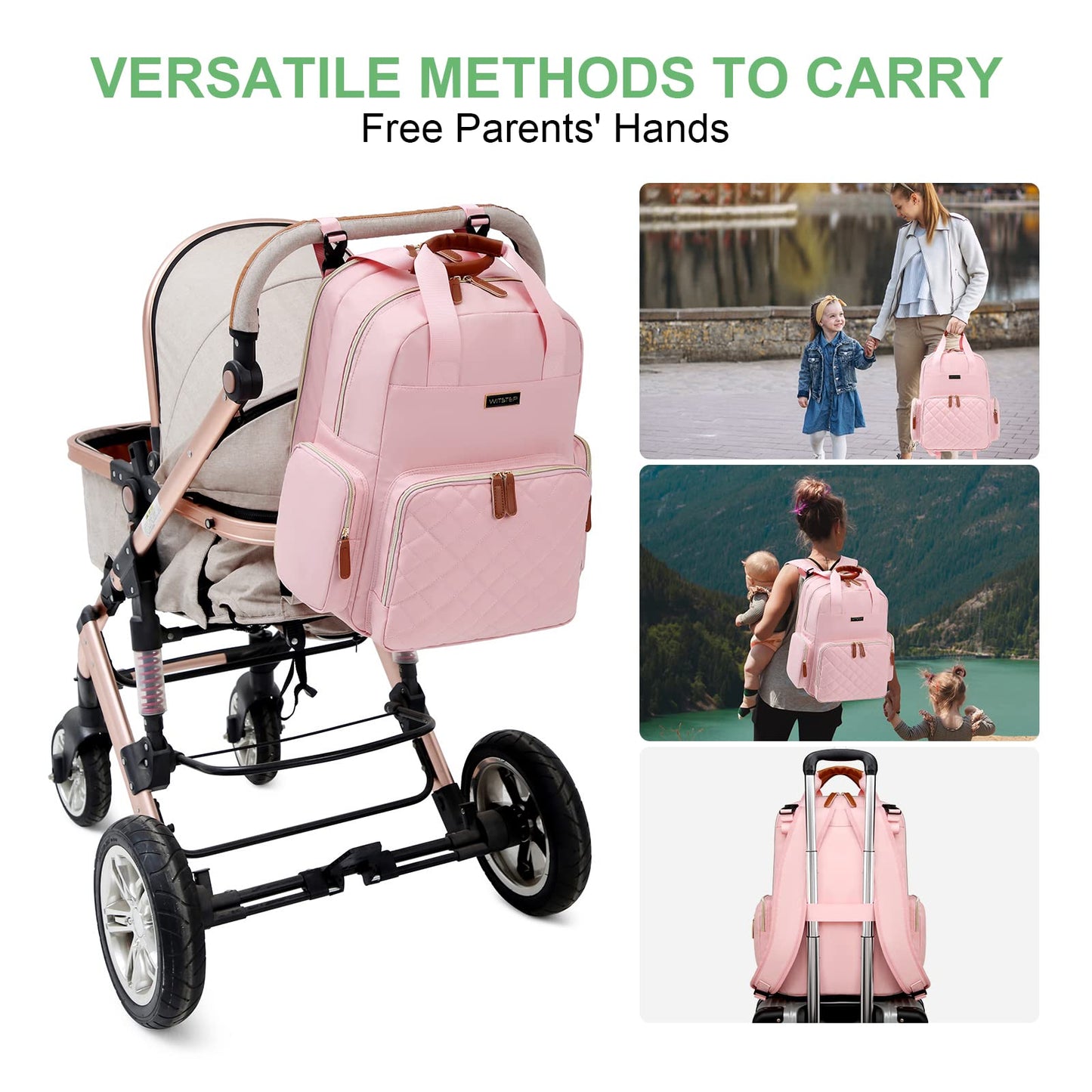 WITSTEP - Mochila para pañales con estación de cambio, organizador de pañales para bebés, para mamás, papás, bolsas grandes para cambiar de bebé, Rosado, Large, Mochila para pañales con cambiador