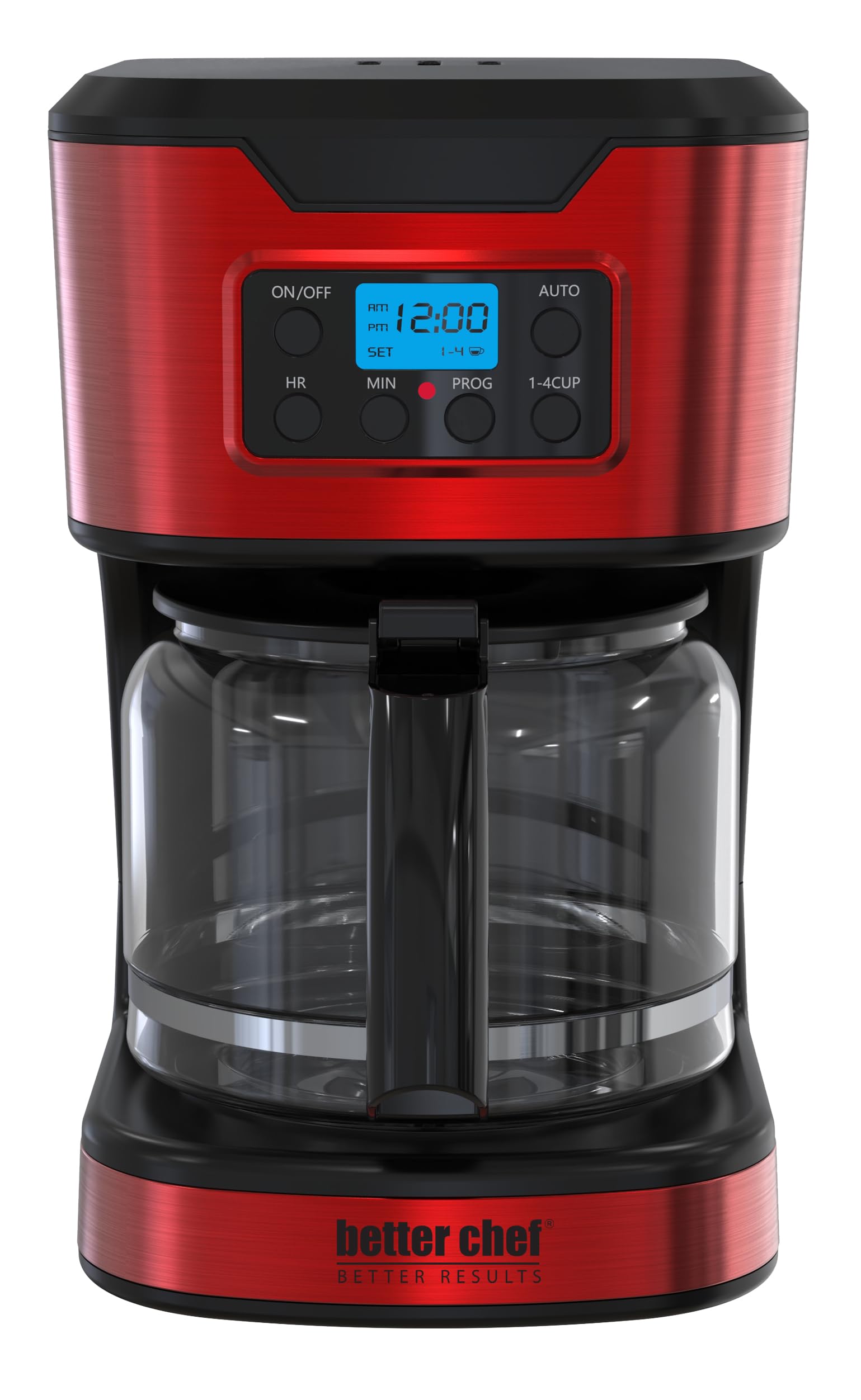 Better Chef - Cafetera programable de 12 tazas | Ajuste de 1 a 4 tazas | Pausa automática para servir | 2 horas Mantener caliente | Filtro permanente | Acero inoxidable
