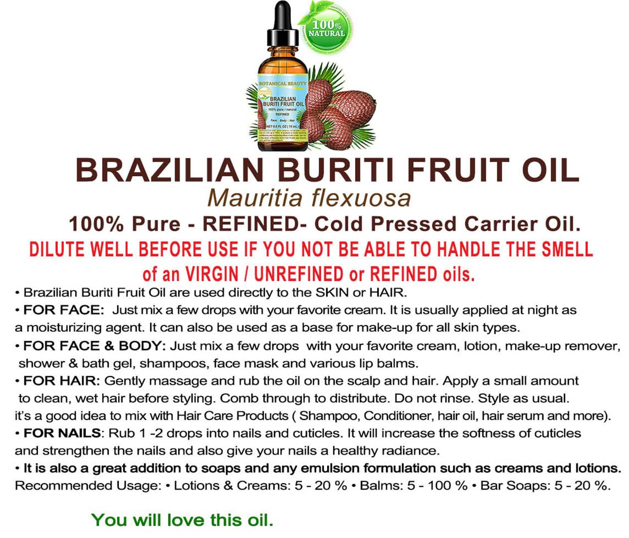 Brazilian BURITI FRUIT OIL 100% Pure / Natural / Cold Pressed Carrier Oil / Undiluted. For Face, Body, Hair, Lip and Nail Care. â€œOne the richest natural sources of vitamin A, E and C.â€ From the Amazon Rainforest. (1 fl.oz-30ml.)
