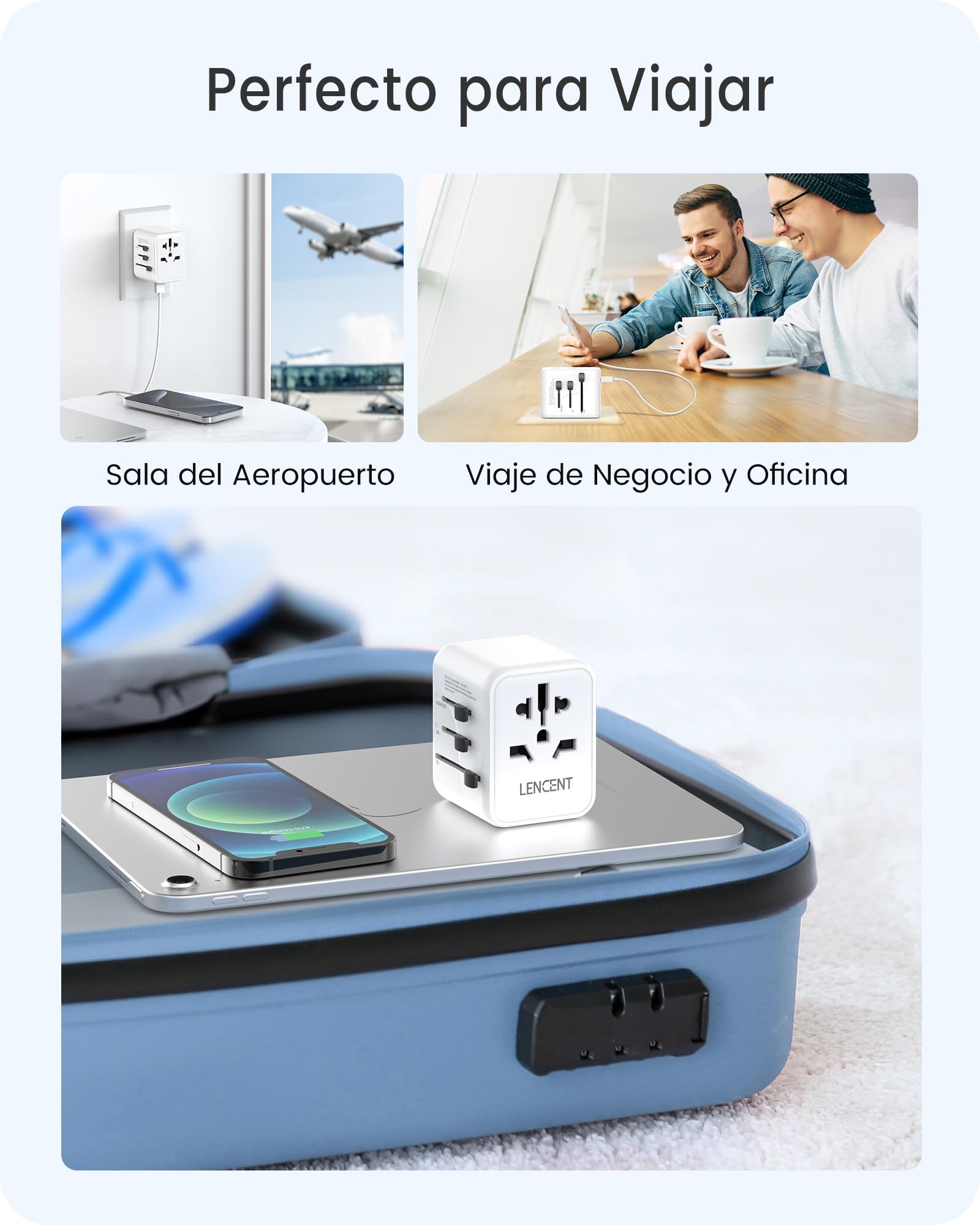 LENCENT Adaptador Enchufe Universal, Enchufe Internacional con 2 Puertos USB, Cargador de Viaje para Europa, Americano, Canadá, Reino Unido, Australia, Adaptador Viaje para Más de 200 Países, Blanco