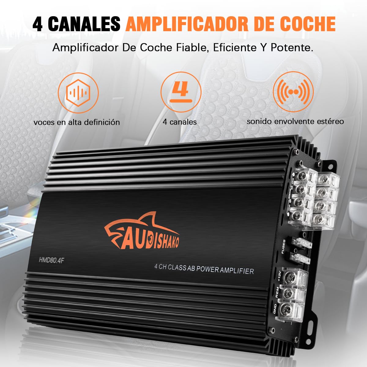 AUDISHAKO 1200W Amplificador de Audio para Coche de 4 Canales,Amplificador para Auto de Clase A/B, 2 Ohm 160W x 4 Canales, Coches Deportivos y Otros Sistemas de Audio para Coche