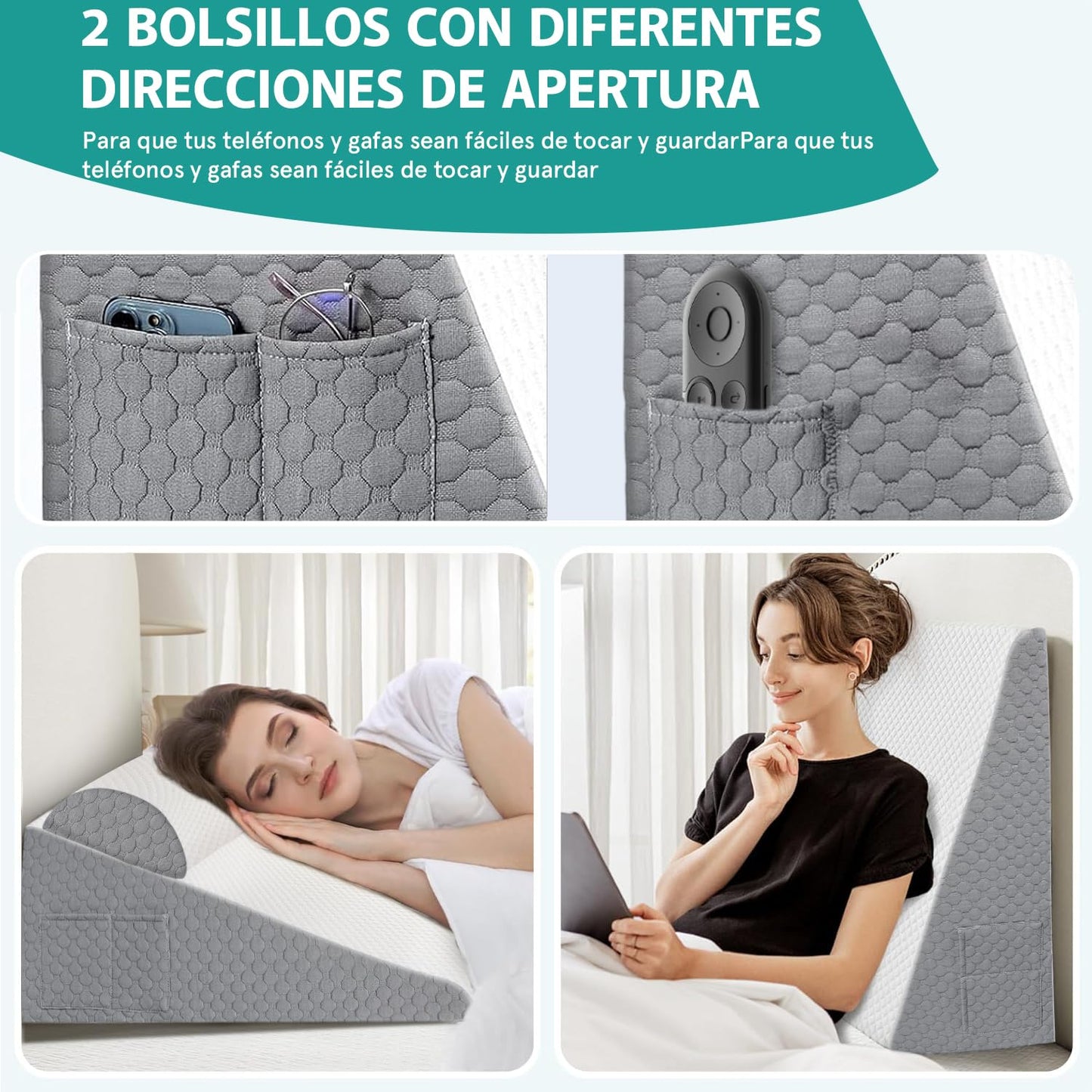 Almohada Antireflujo Adulto, Almohada de Cuña para Cuña |Algodón de Silicona Mejorado| Almohada Triangular con 2 Bolsillos y 1 Almohada para el Cuello,Apoya y alivia el dolor corporal y Reflujo Ácido
