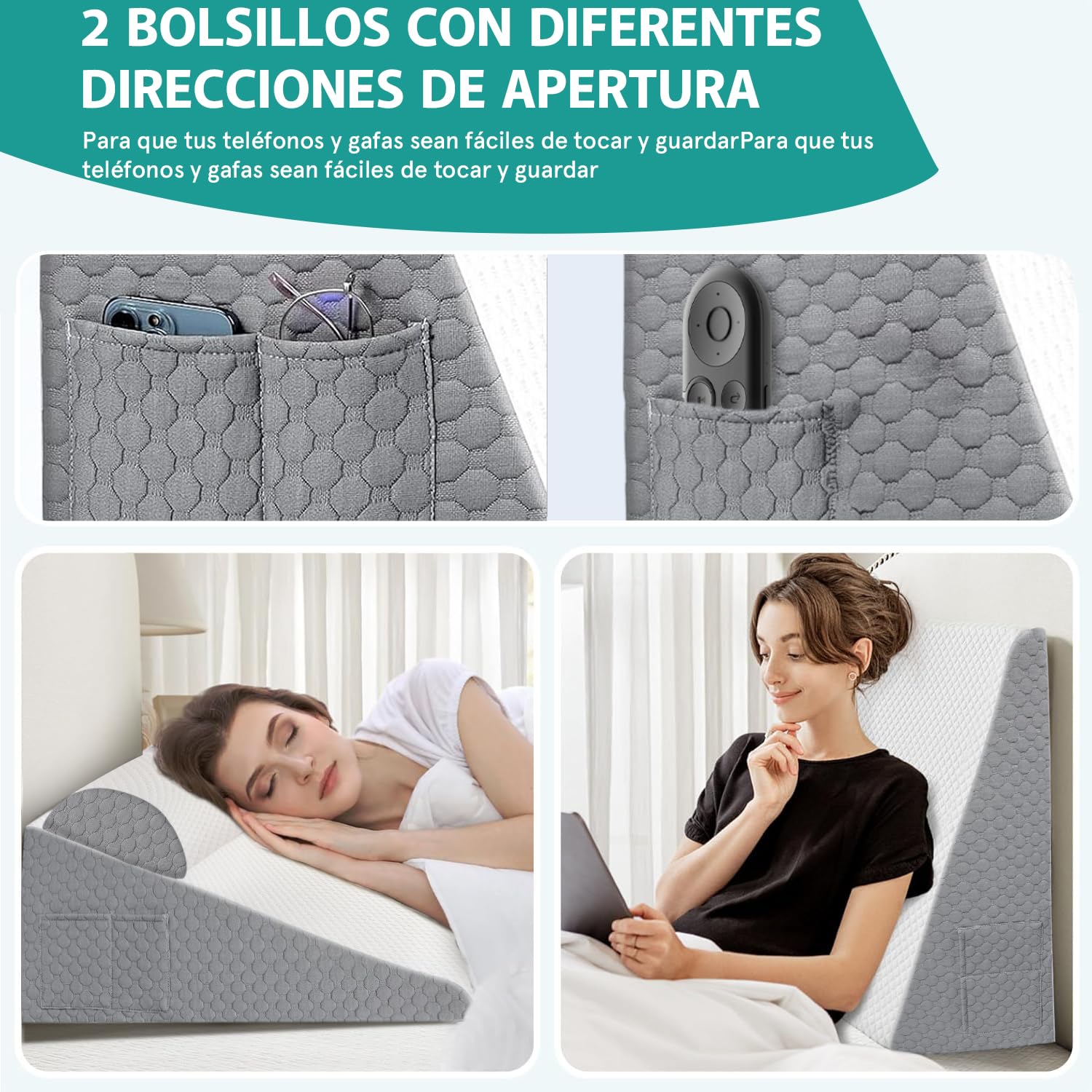 Almohada Antireflujo Adulto, Almohada de Cuña para Cuña |Algodón de Silicona Mejorado| Almohada Triangular con 2 Bolsillos y 1 Almohada para el Cuello,Apoya y alivia el dolor corporal y Reflujo Ácido