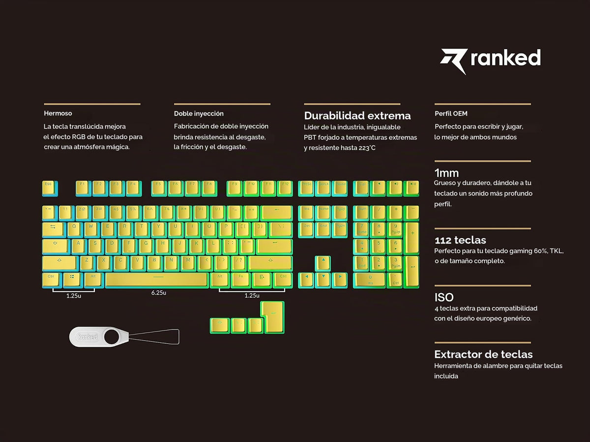 Teclas PBT Ranked Amarillo Diseño Translúcido ANSI para Teclado Mecánico RGB Juego