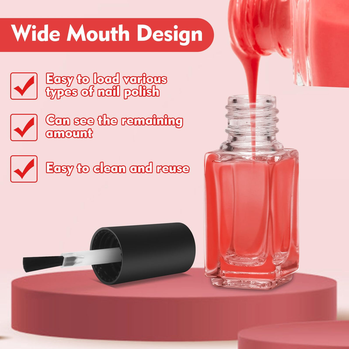Adecco LLC Empty Nail Polish Clear Bottles with Brush Cap (5P)