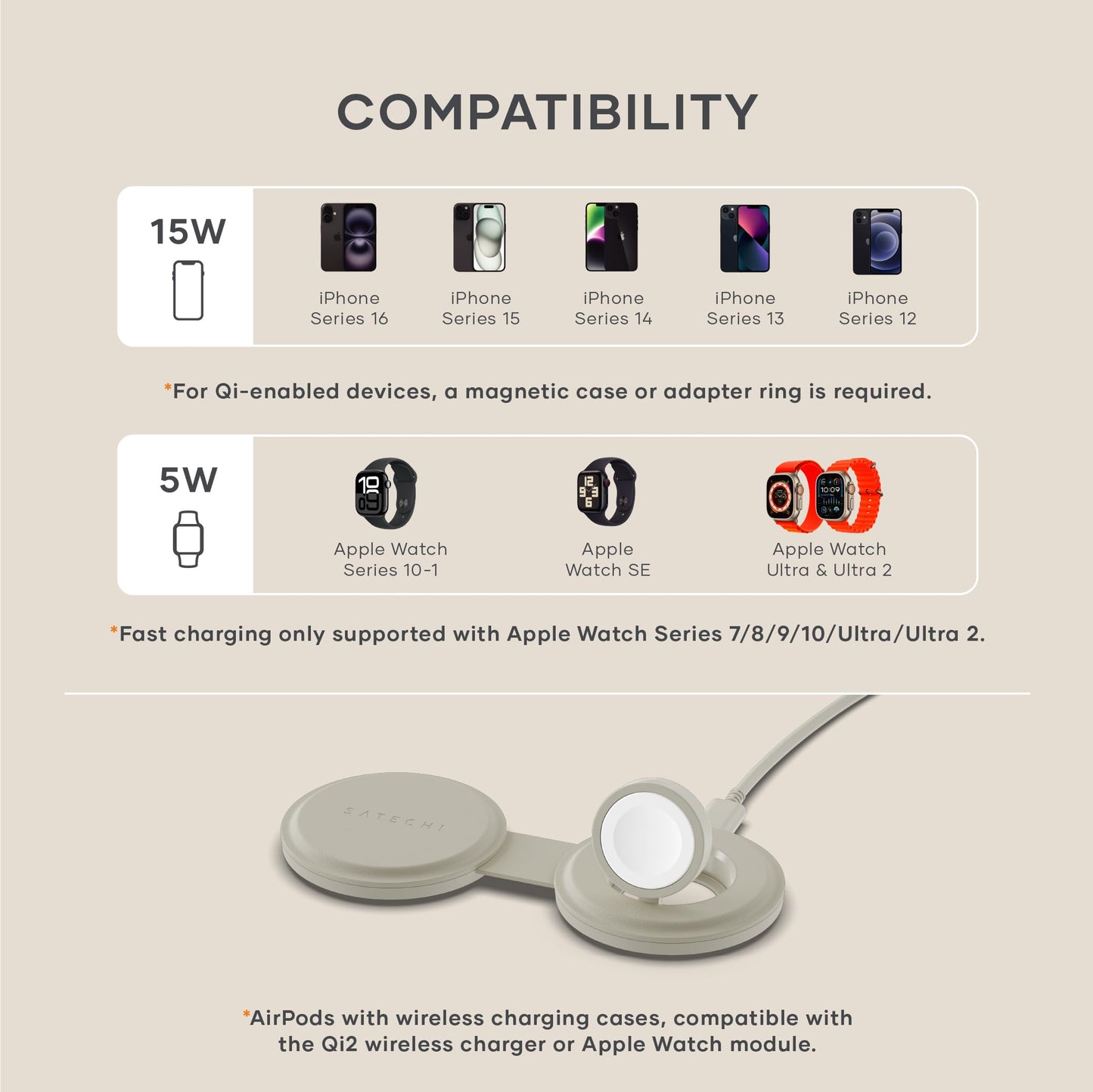 SATECHI OntheGo™ Cargador Inalámbrico 2 en 1, Cargador Portátil Qi2 con Carga Rápida de 15W para iPhone y 5W para Apple Watch, Estación de Carga Magnética de Viaje – Arena