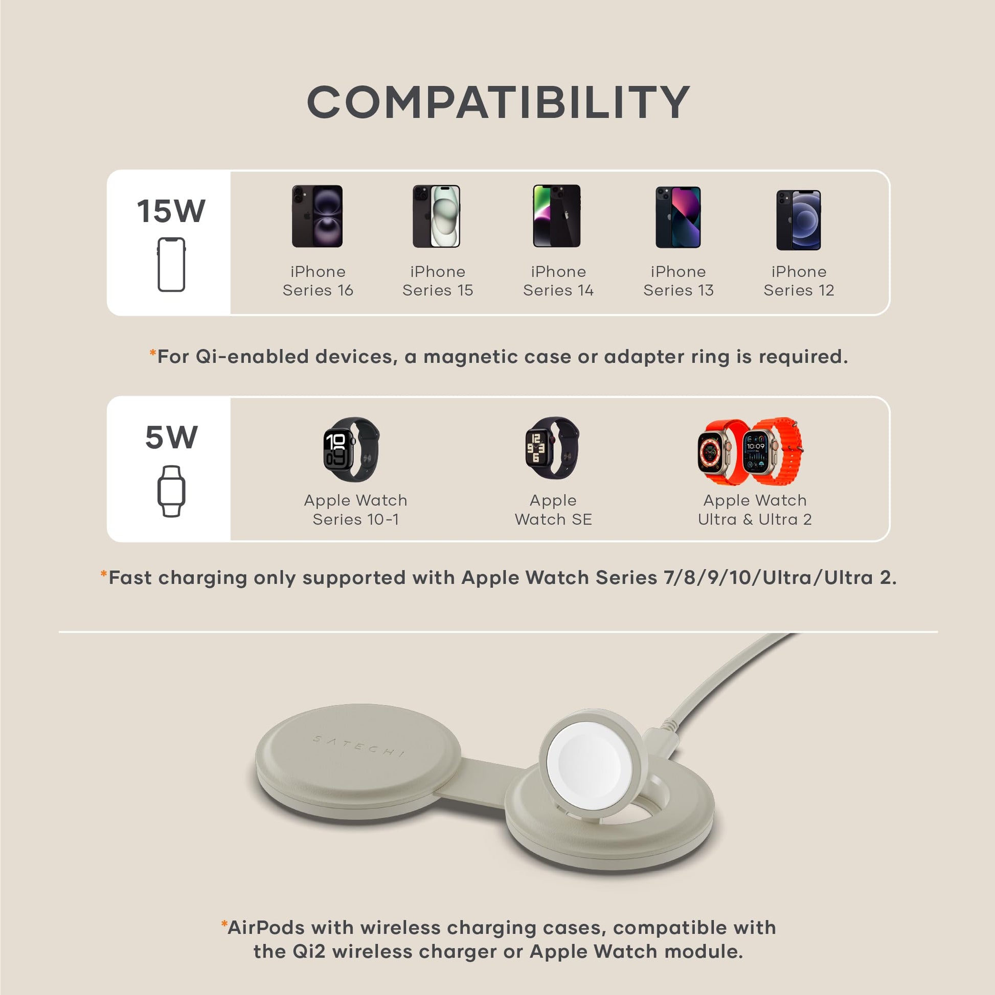 Cargador Inalámbrico SATECHI Arena 2 en 1 con Carga Rápida para iPhone y Apple Watch