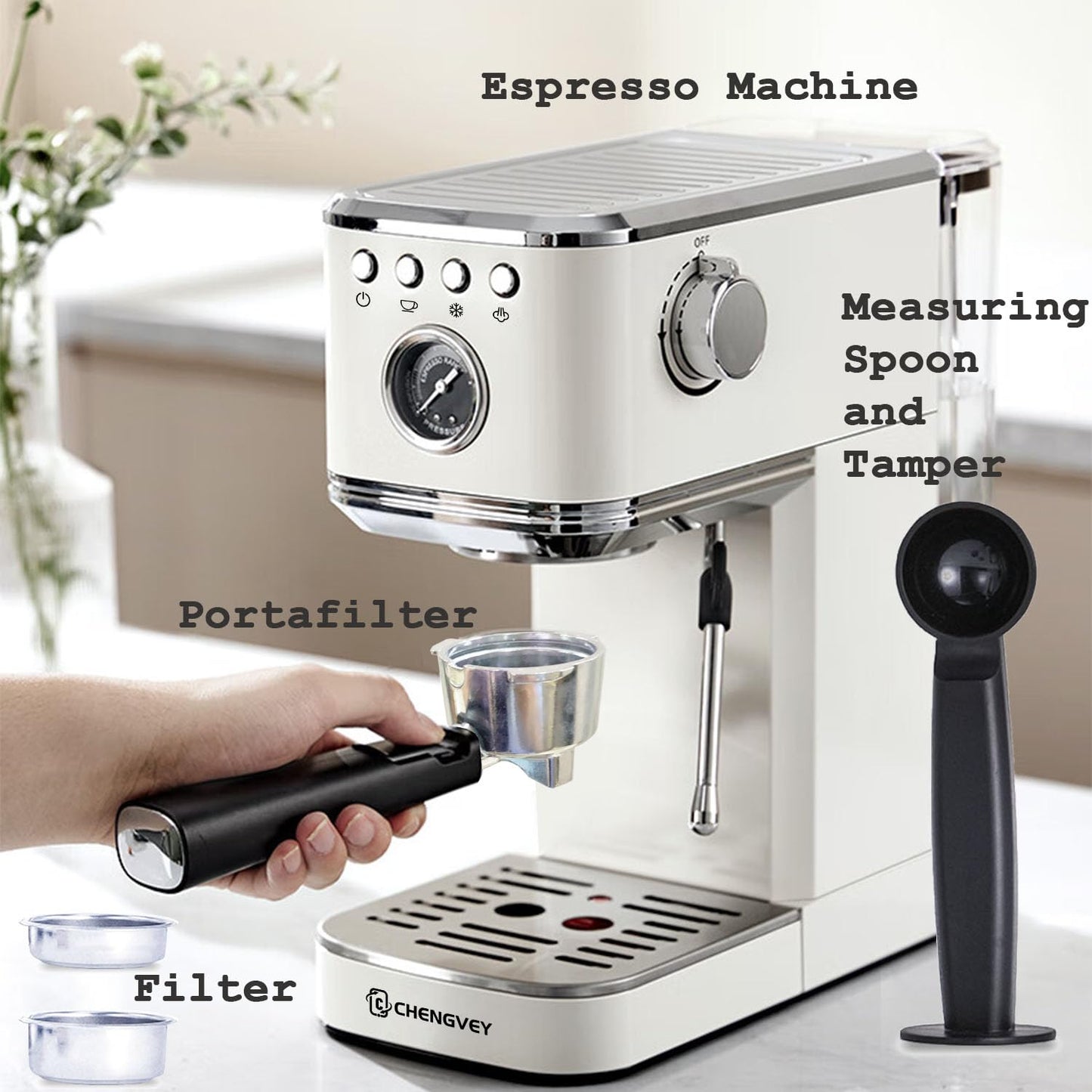 C CHENGVEY Máquina de café espresso de 20 barras, cafetera helada de acero inoxidable, cafetera profesional con espumador de leche, máquina de café compacta, regalo para papá o mamá (marfil beige)