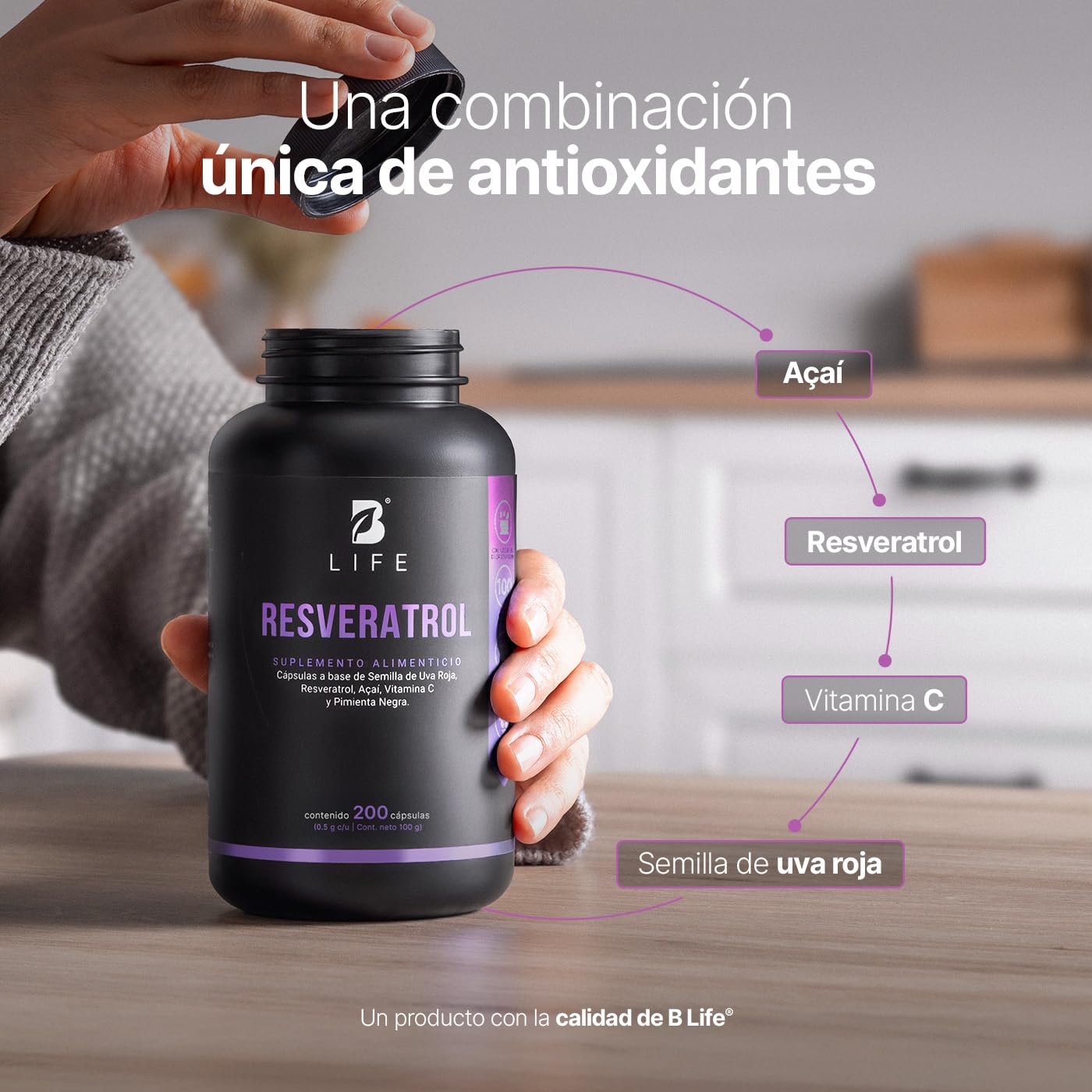 B Life Resveratrol 200 Cápsulas | Antioxidante de 1000 mg por porción | Pimienta negra, Uva Roja, Acai y Vitamina C. Ingredientes Naturales.